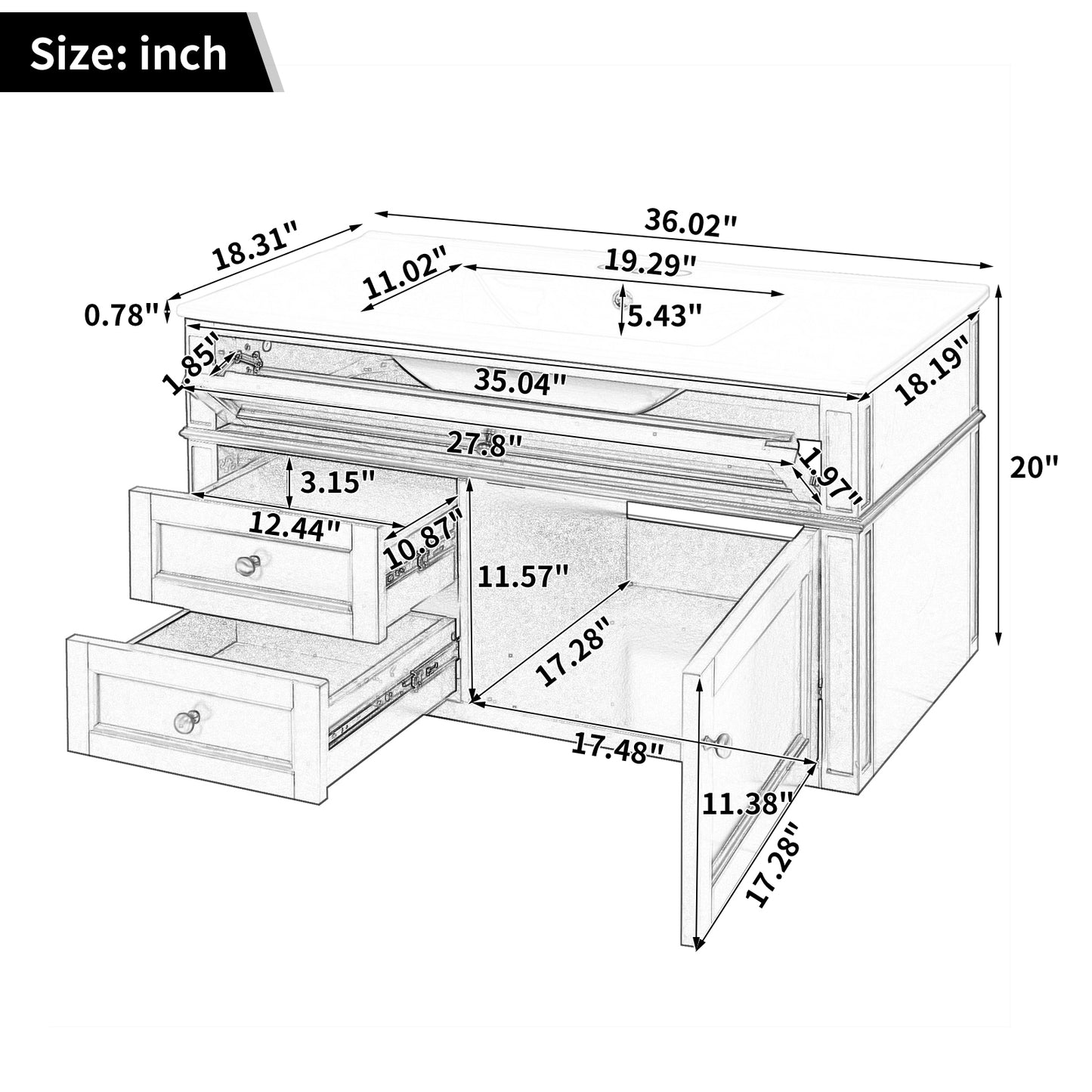 36'' Wall Mounted Bathroom Vanity, Floating Bathroom Storage Cabinet with 2 Drawers, 1 Tip-out Drawer, 3 Holes Single Ceramic Sink, Modern Cabinet. image 9