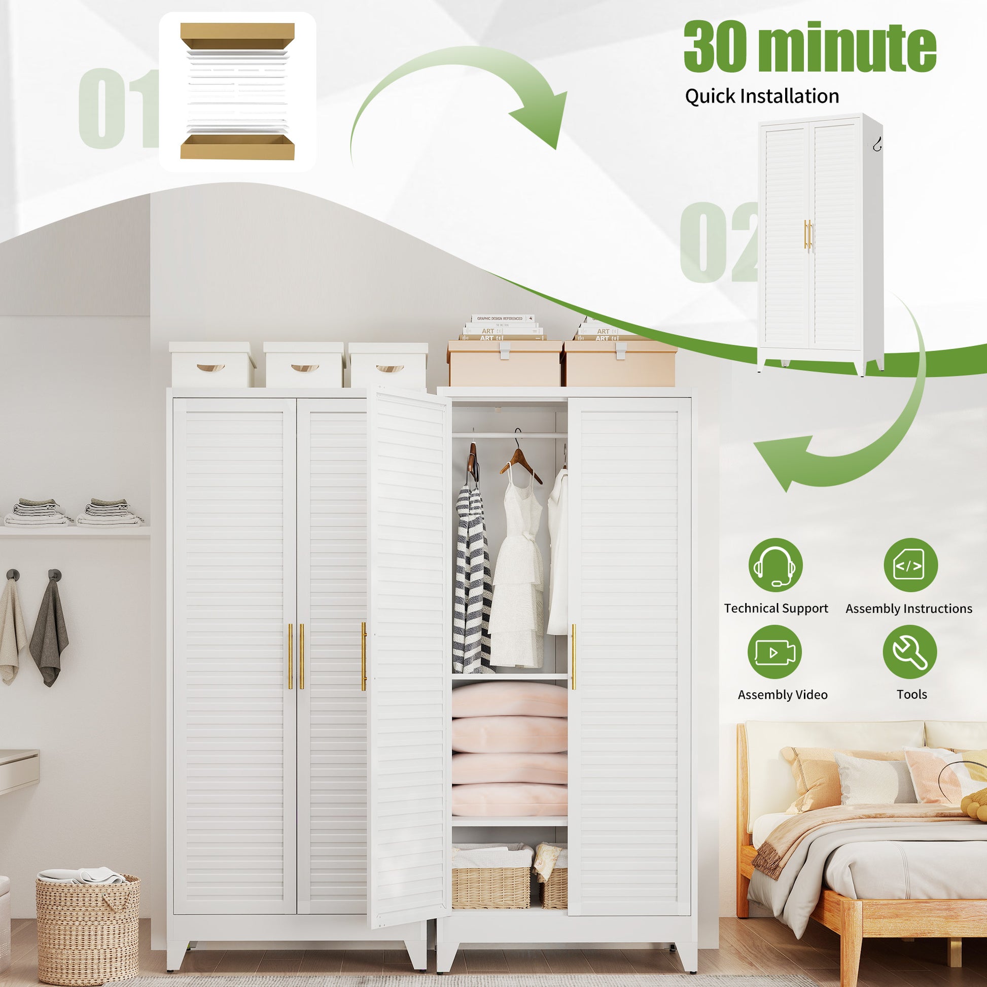 White Metal Wardrobe Closet with 2 Doors, 71″ Tall Portable Storage Cabinet for Bedroom, Lightweight Closet for Small Apartments, Dorm, Renters, Cold Rolled Steel, Easy Assembly image 6