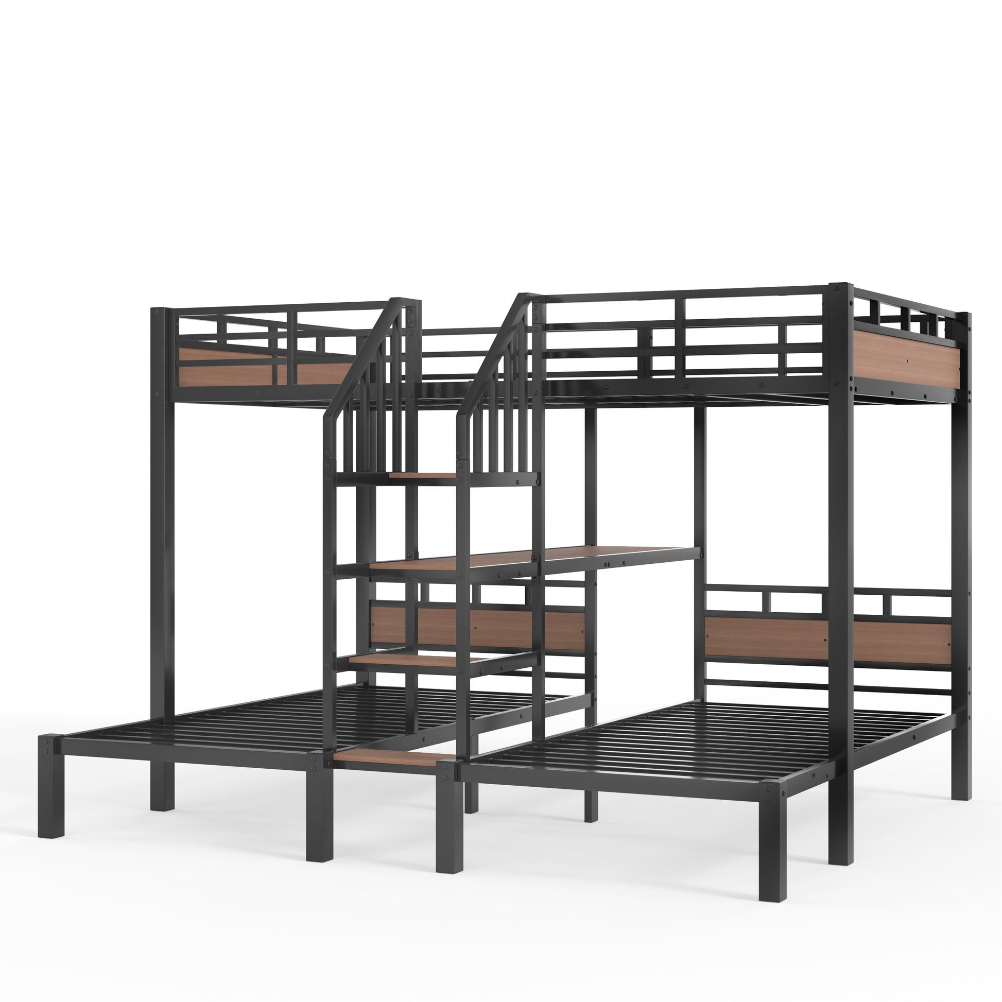 Full over Twin over Twin(Full XL over Twin over Twin) Metal Bunk Bed,triple metal bunk bed with Storage shelves and storage stairs,Black image 8