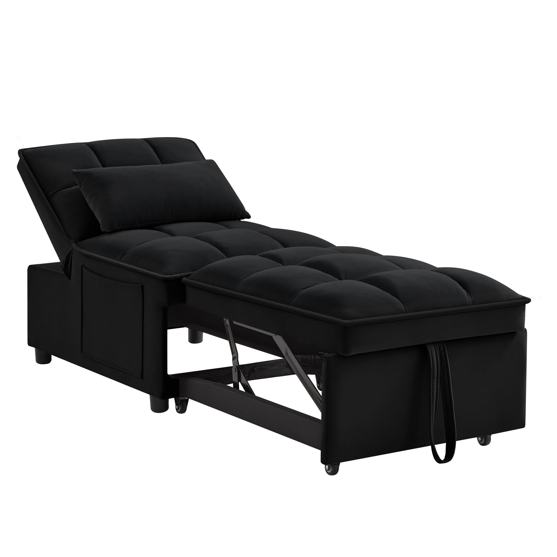 4 in1 Multi-Function Single Sofa Bed with Storage Pockets,Tufted Single Pull-out Sofa Bed with Adjustable Backrest and Pillows,Convertible Chaise Lounge,Black image 11