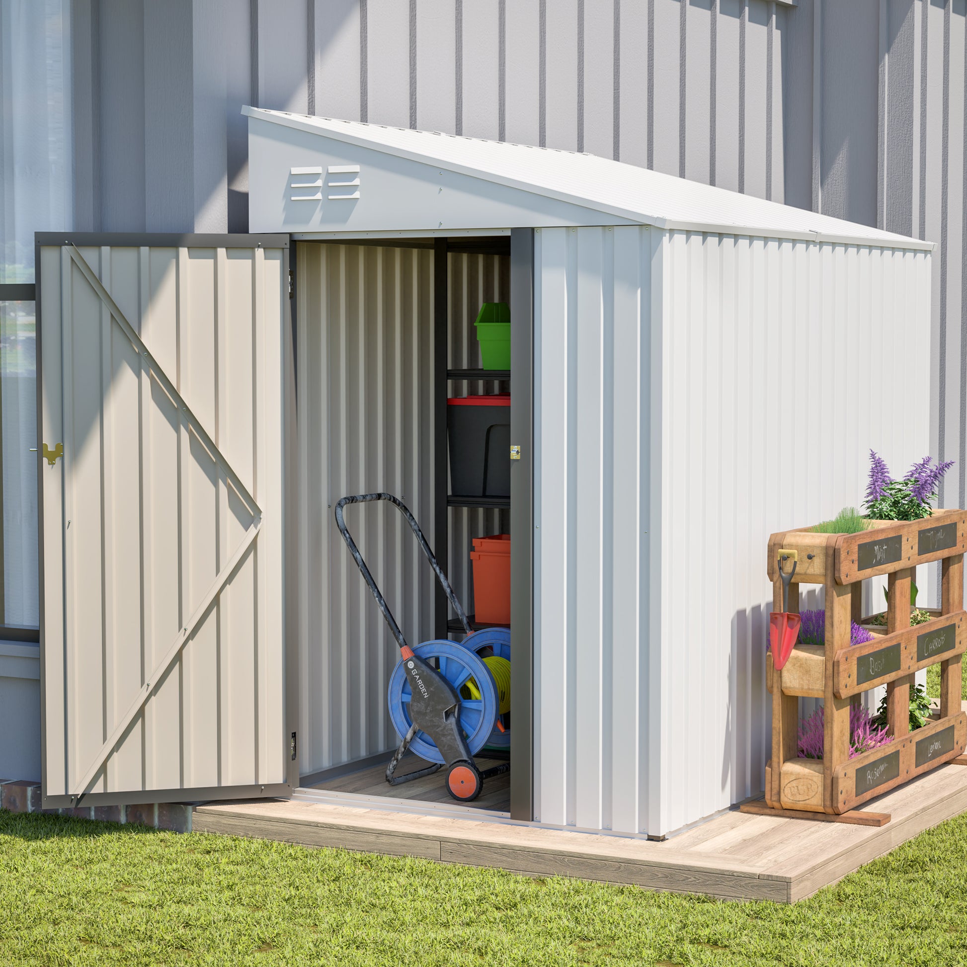 White 4' x 7' Lean-To Storage Shed, Heavy-Duty Metal Outdoor Garden & Bike Shed with Lockable Door, Easy Assembly Backyard Storage Solution image 1