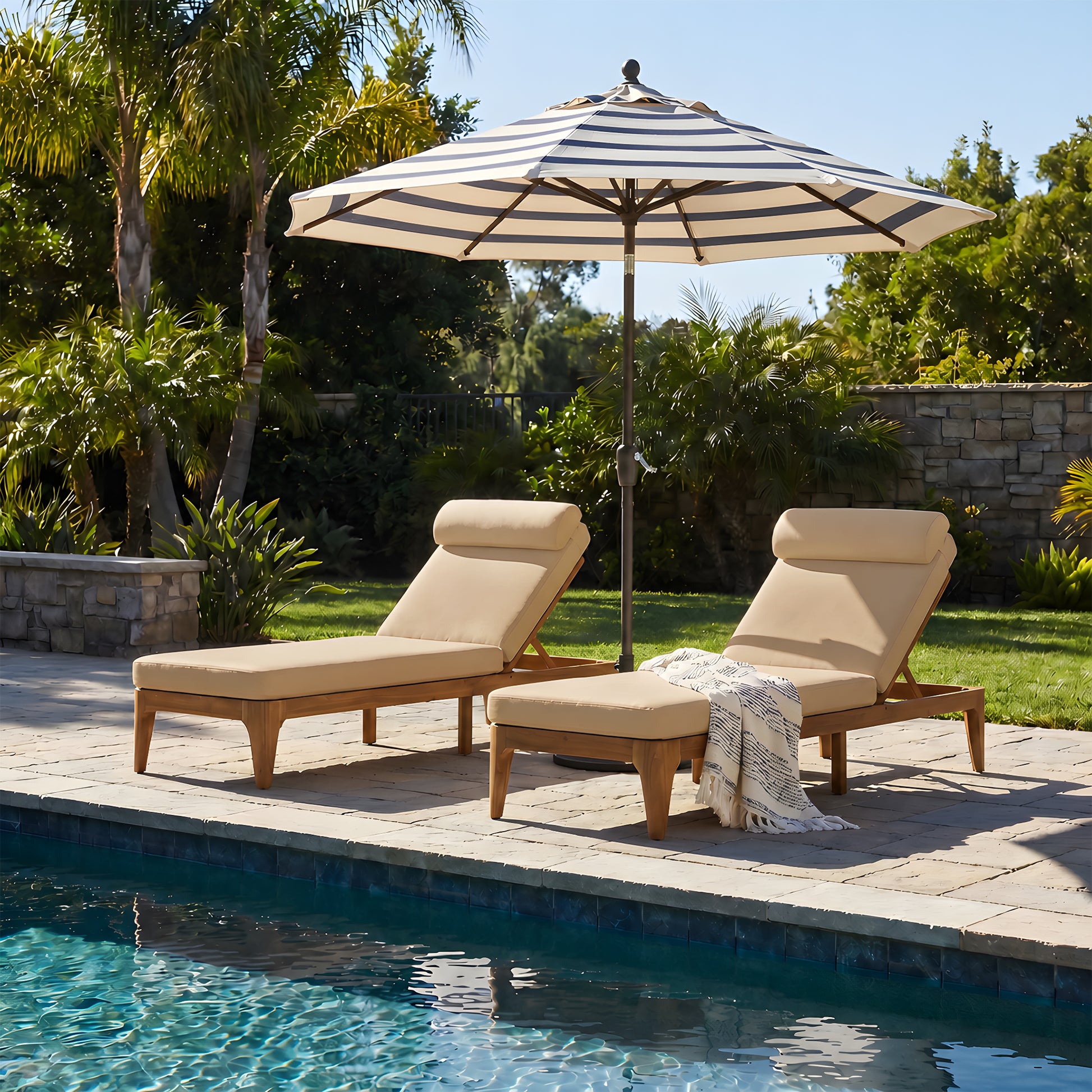 TOPMAX Acacia Wood Chaise Lounge, Outdoor Sun Lounge Chair, Patio Recliner with Adjustable Backrest and Head Pillow for Poolside, Backyard, Garden, Indoor&Outdoor, set of 2, Coffee Brown image 1