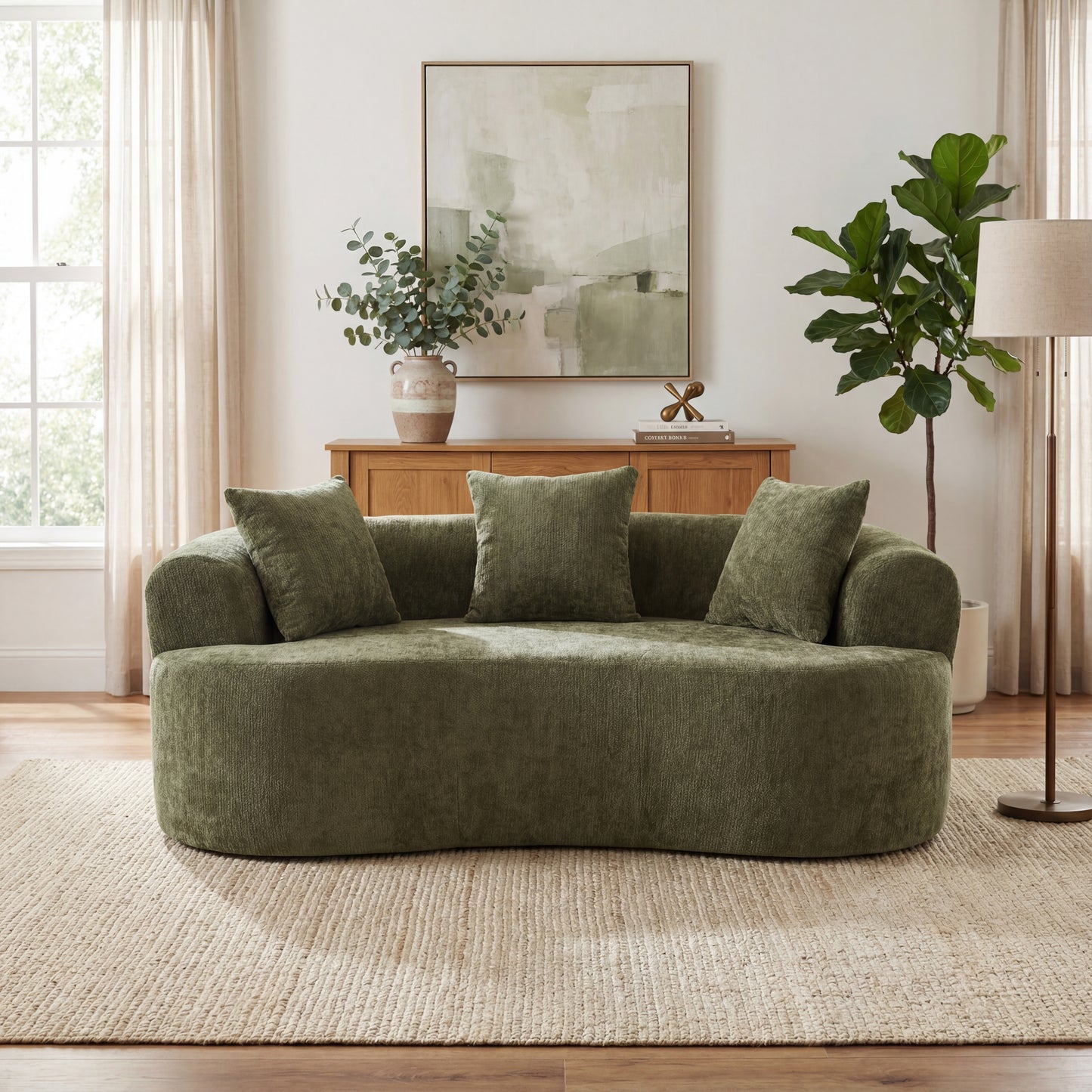 Crescent-shaped sofa, modern low-back design with deep cushions, self-inflating foam-filled large two-seater sofa requiring no assembly. (green chenille fabric) image 1