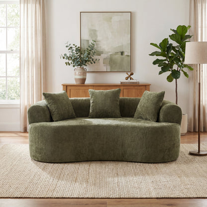 Crescent-shaped sofa, modern low-back design with deep cushions, self-inflating foam-filled large two-seater sofa requiring no assembly. (green chenille fabric) image 1