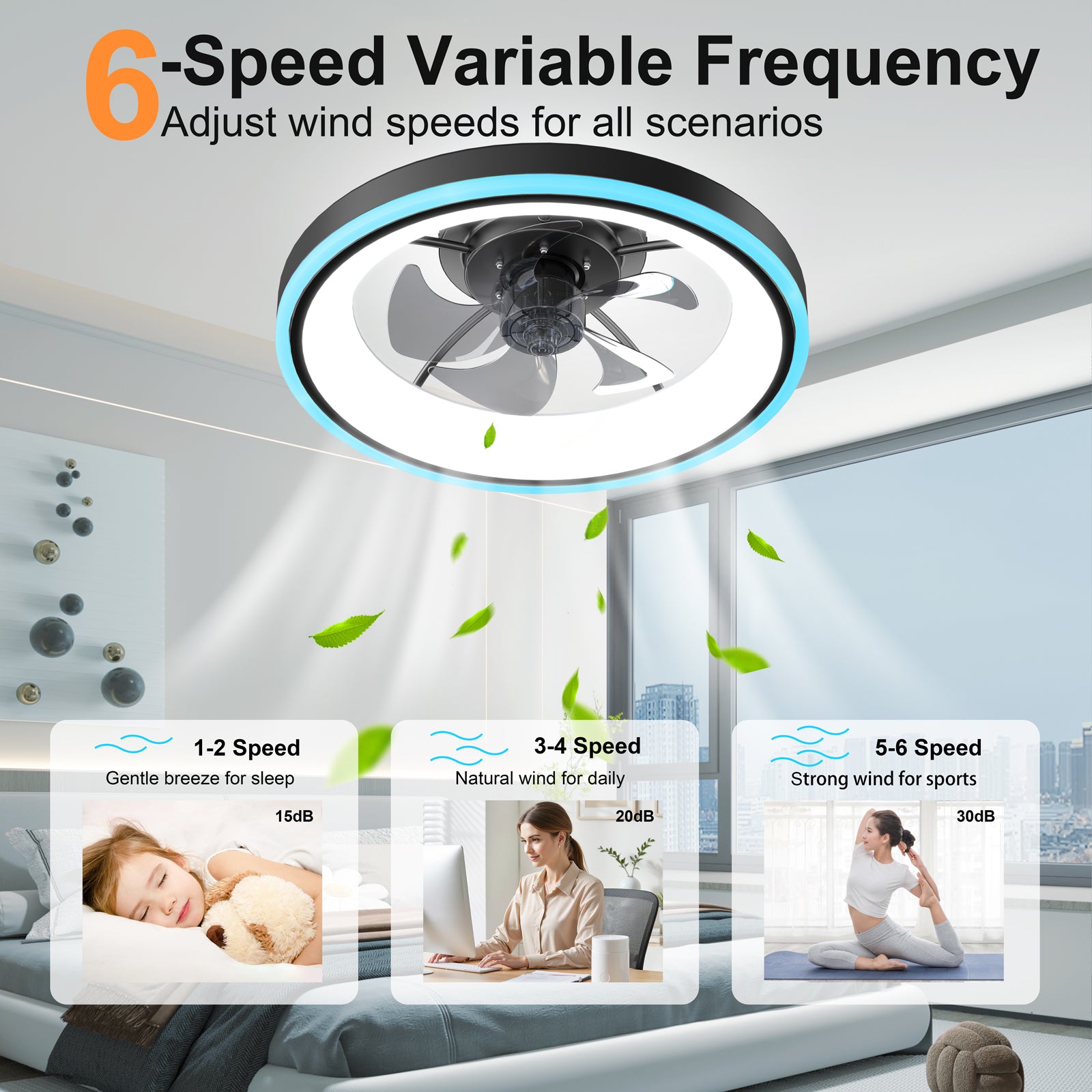 19.7" Modern RGB Ceiling Fan with Lights, Flush Mount Low Profile Fan with Remote & APP, 6-Speed Reversible Silent DC Motor, Dimmable 3000-6500K LED for Bedroom, Black image 3