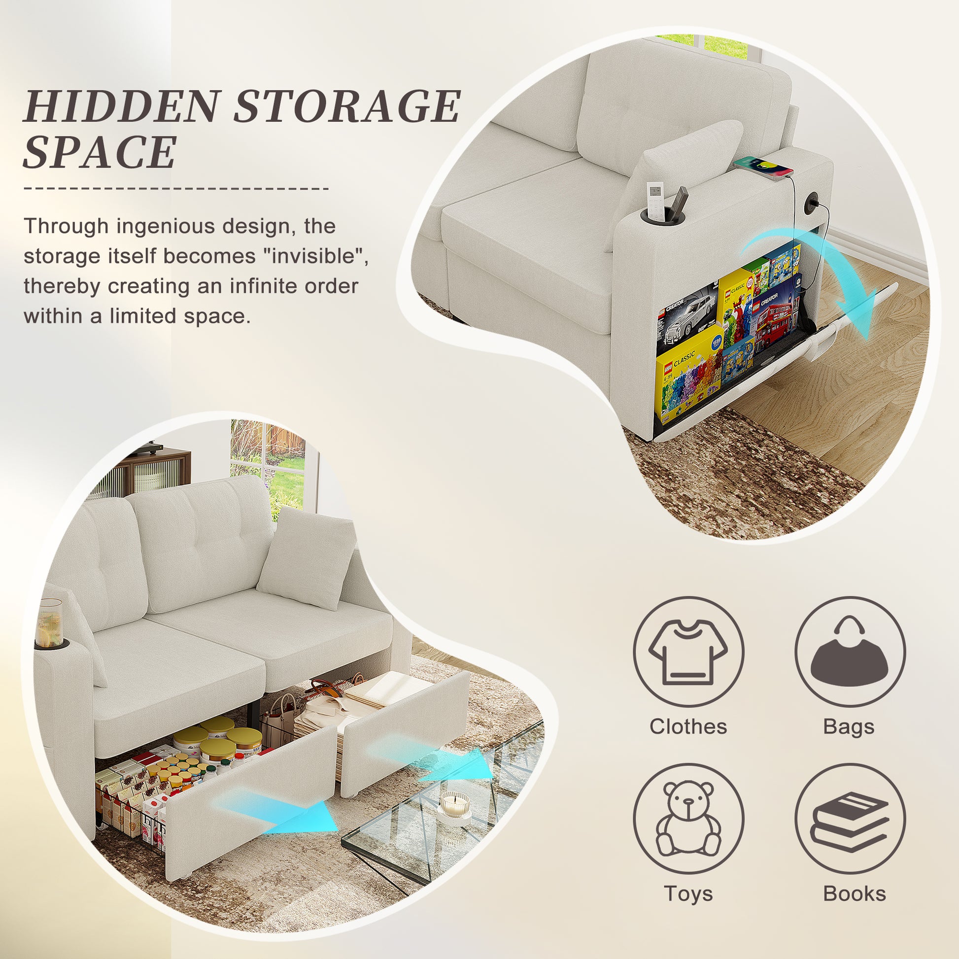 Sofas for Living Room, Couch Set,3 Seats Sofa, USB Charging,Wood Frame,Easy to Install,with Storage, Charging Station,Cup Holder,Modern Sectional Sofas for Living Room, Apartment,Chenille Fabric image 4