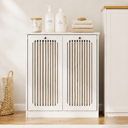 Flip-top louvered laundry basket cabinet, household double-section fabric laundry storage cabinet, balcony and bathroom floor-standing storage cabinet, white. image 12