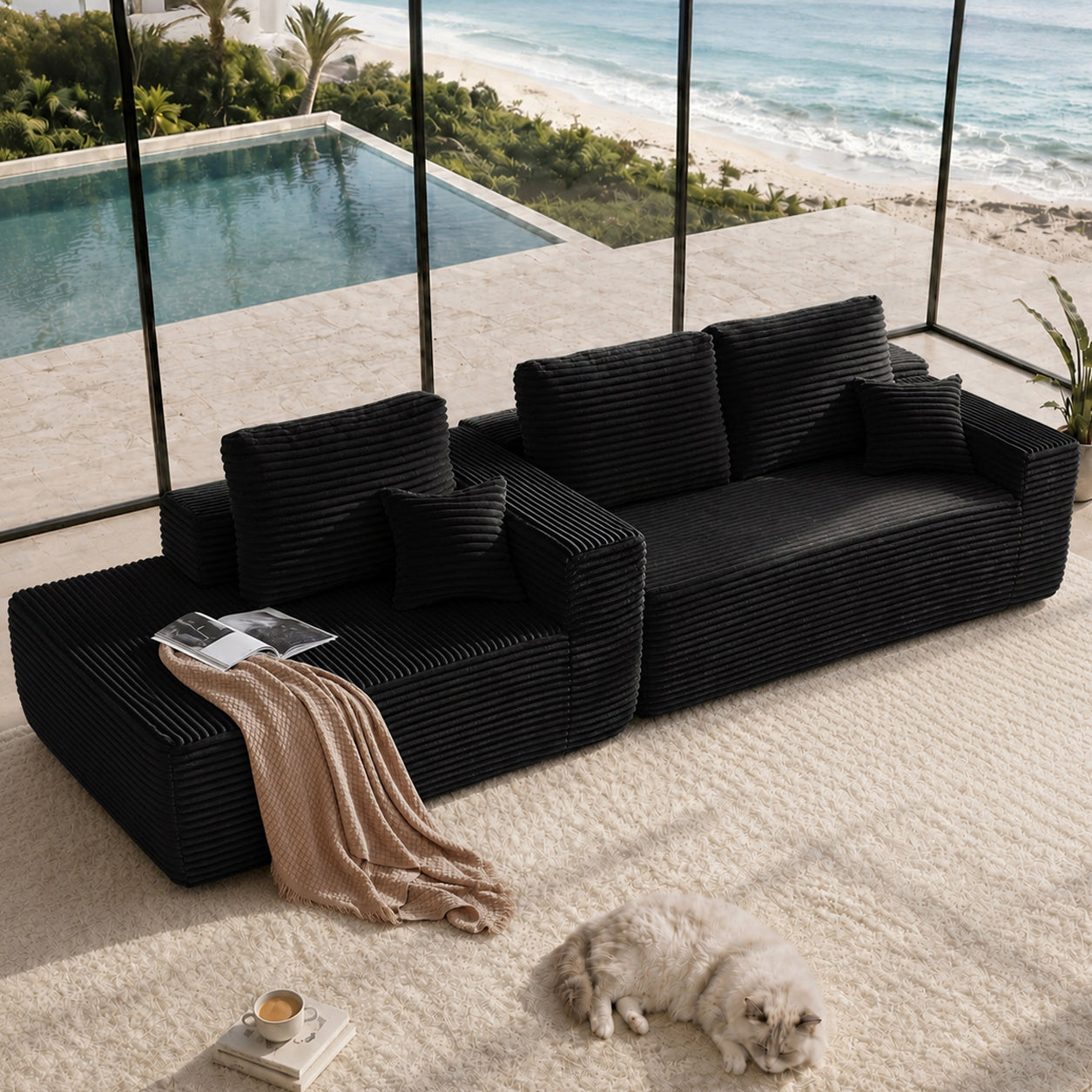 104" Cloud Sectional Sofa with L-Shape Chaise and Side Pockets, Modern Modular Design, Deep Seating, Upholstered Couch for Living Room/Bedroom, No Assembly Required (Plush Fabric), Black, Left-facing image 4