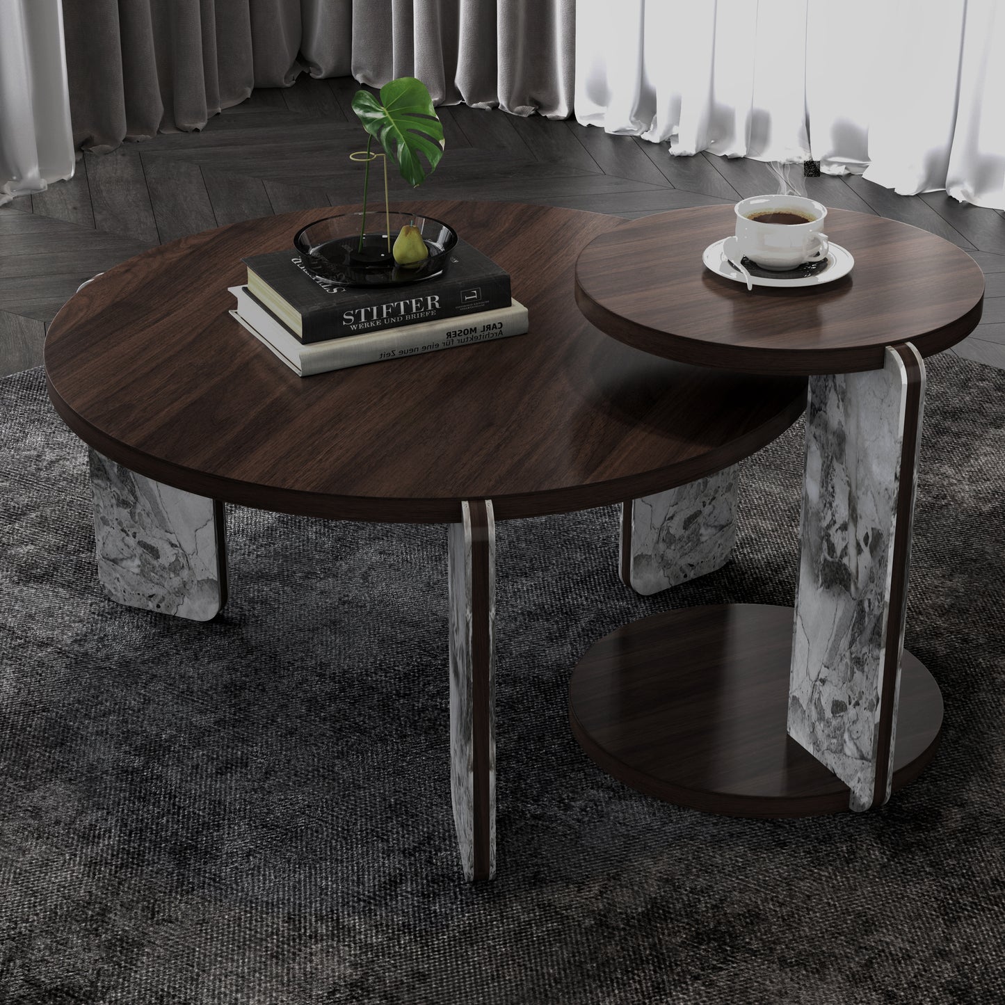 Modern Coffee Table with End Table Set, Durable walnut veneered MDF 83cm diameter Center Table with a 43cm diameter Side Table for Living Room, study room, strong and stable sintered stone legs/base image 1