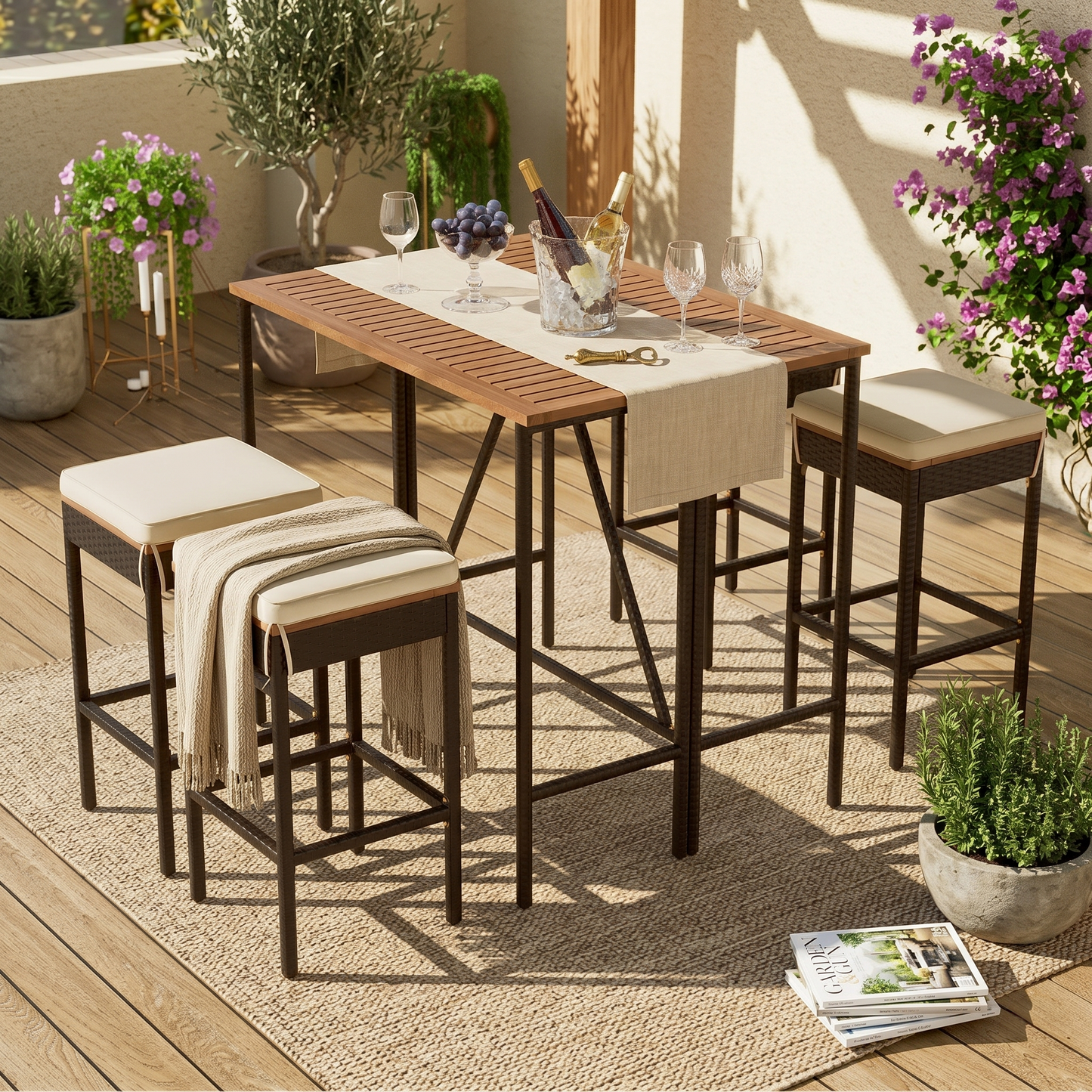 GO 5-Piece Outdoor Acacia Wood Bar Height Table And Four Stools With Cushions, Garden PE Rattan Wicker Dining Table, Foldable Tabletop, High-Dining Bistro Set, All-Weather Patio Furniture, Brown image 1