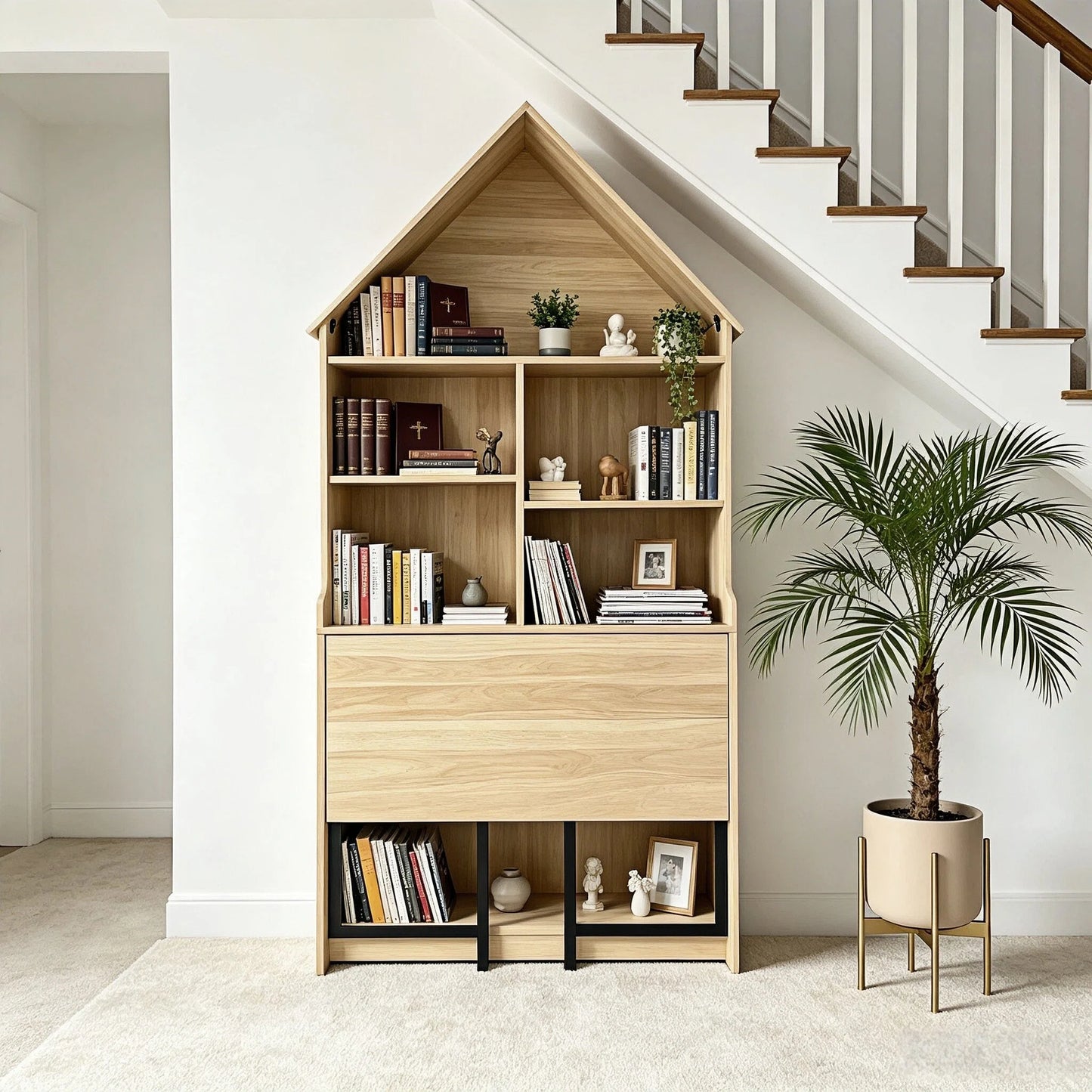 Folding Craft Desk with Storage Shelves, Convertible Hideaway Desk to Bookshelf, Foldable Desk with Storage, Disappearing Desk for Small Spaces, Multifunctional Converted Craft Table, Vanity Desk image 4