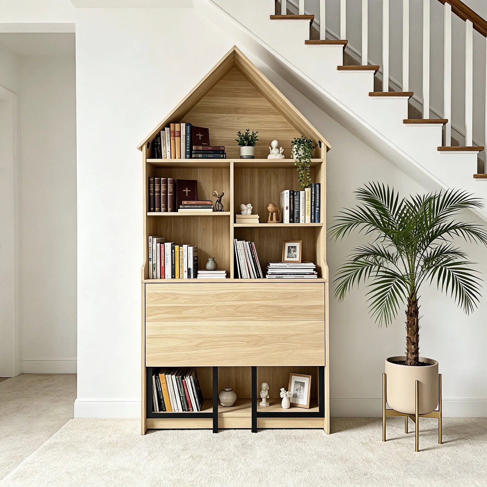 Folding Craft Desk with Storage Shelves, Convertible Hideaway Desk to Bookshelf, Foldable Desk with Storage, Disappearing Desk for Small Spaces, Multifunctional Converted Craft Table, Vanity Desk image 4