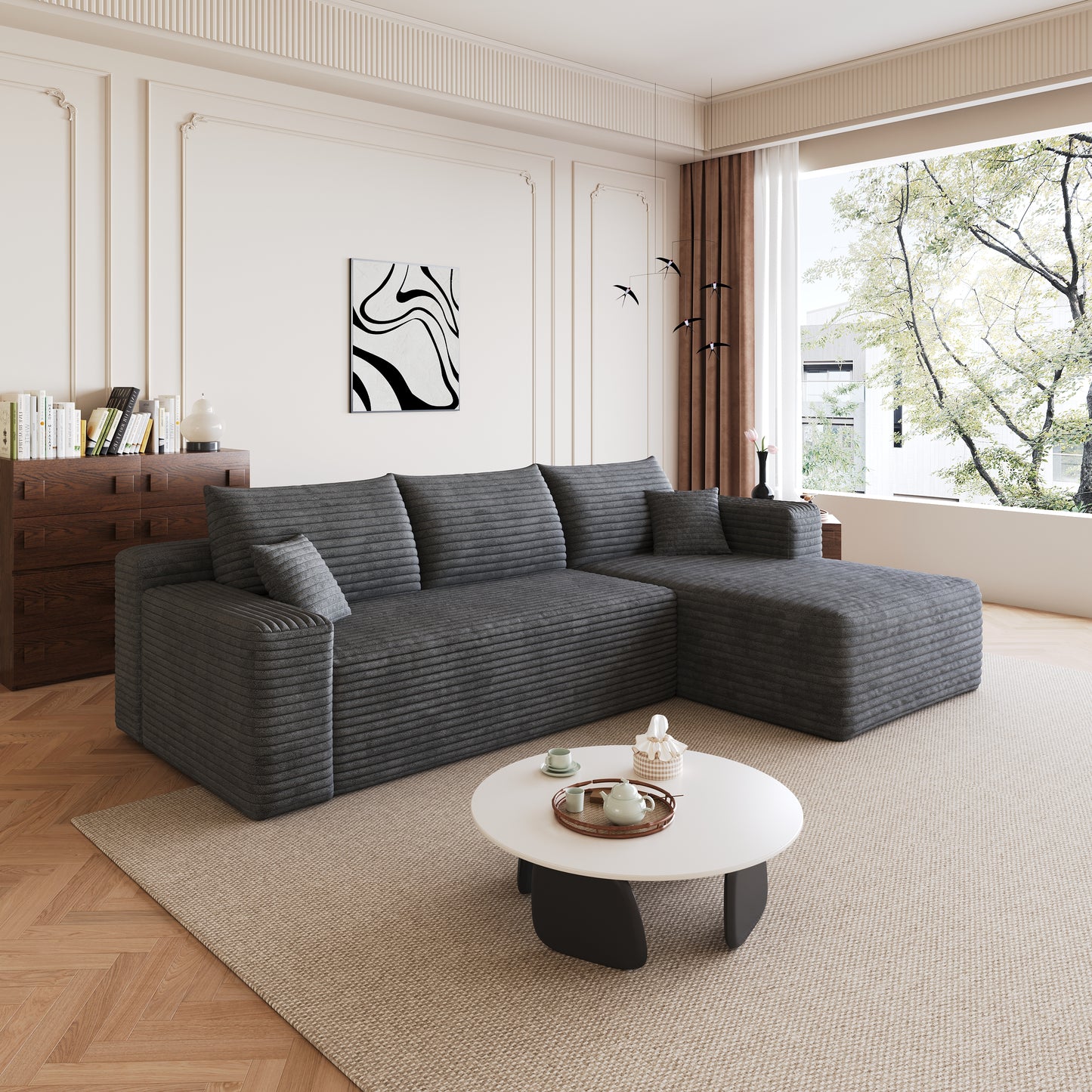 95" Cloud Sectional Sofa,Modern Minimalist Upholstered Couches, Comfort U Shaped Sofa for Living Room,Deep Seat Corner Couch,No Assembly Required,Dark Grey((Plush Corduroy Fabric) image 5