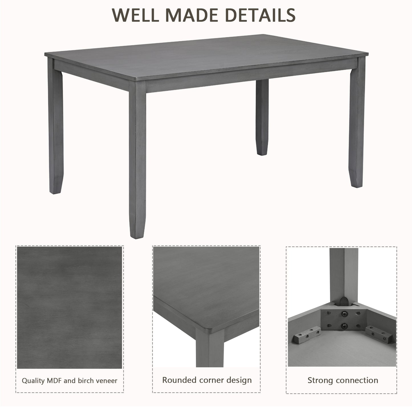 6 Piece Kitchen Dining Set, Rectangular Wooden Dining Table with 4 Upholstered Chairs and a Bench, Dining Table Set for 6 People, Living Room and Kitchen, Grey image 6