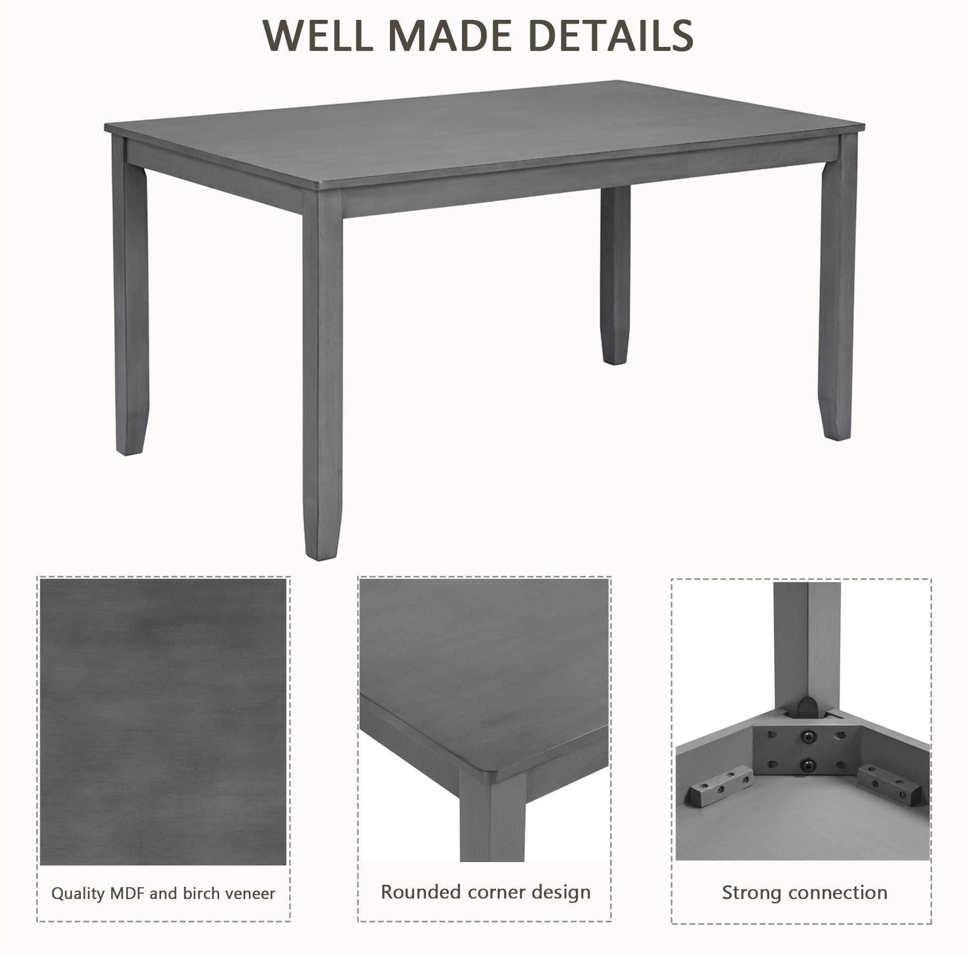 6 Piece Kitchen Dining Set, Rectangular Wooden Dining Table with 4 Upholstered Chairs and a Bench, Dining Table Set for 6 People, Living Room and Kitchen, Grey image 6