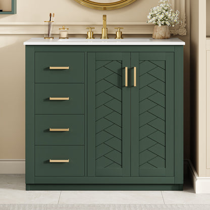36'' Bathroom Vanity with Ceramic Sink Combo, Solid Wood Frame Bathroom Storage Cabinet, Freestanding Vanity Set with 3 Drawers& Soft Closing Doors image 1