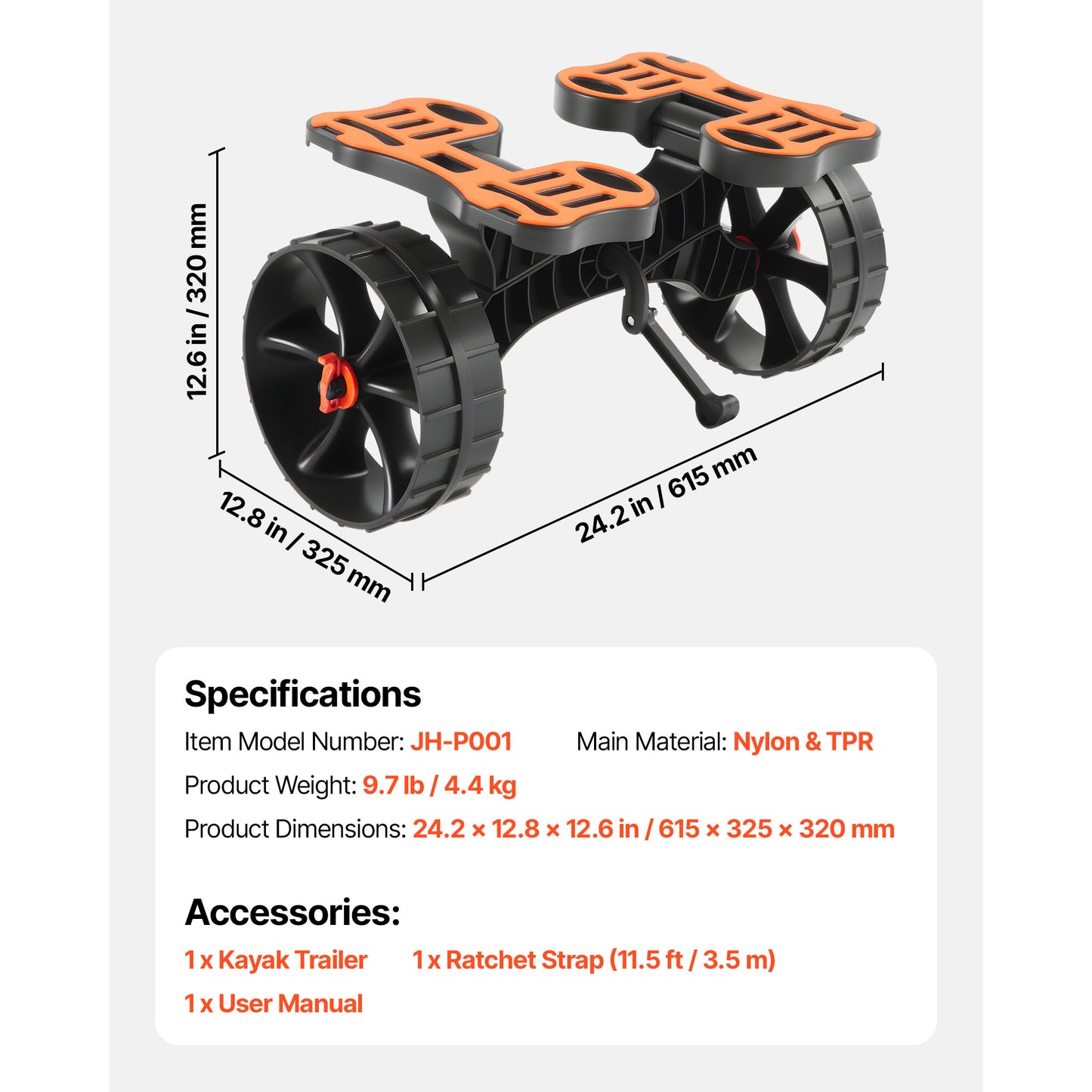Kayak Cart, 300 lbs Load Capacity, Foldable Kayak Trolley with 10-inch Solid Rubber Tires & 1 Ratchet Strap, Paddle Board Trolley for Carrying Kayaks, Canoes, Paddleboards, Float Mats, Jon Boats image 9