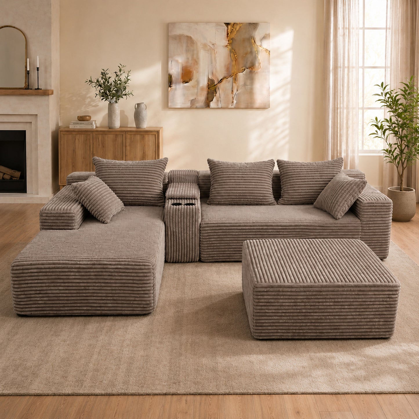 144 inch corduroy U-shaped modular segmented sofa, large seat depth convertible form, with cup holder and storage space, modern Nordic comfortable sofa bed, suitable for large living rooms, apartments image 6