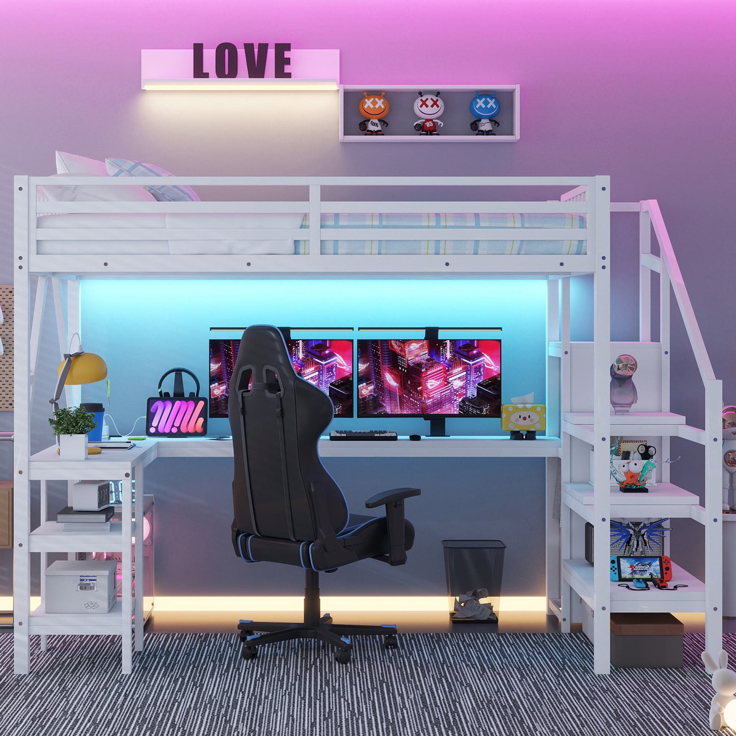 Metal Full Loft Bed with Wardrobe and LED Light, Full Size Loft Bed with L Shaped Desk and USB for Kids Teens Adults, White(Expect Arrival Date 2026/3/2) image 4