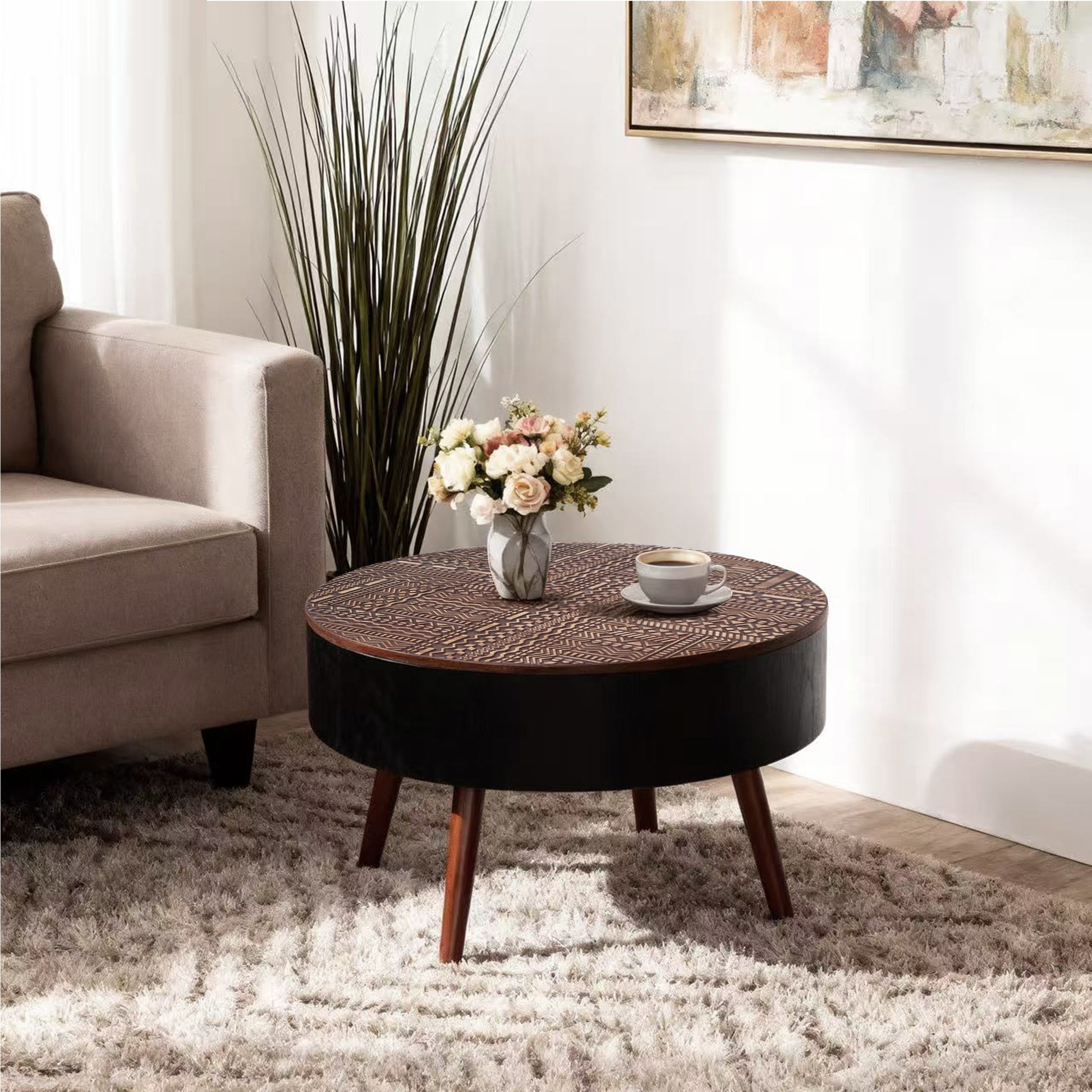 31.5" Round Carved Coffee Table with Storage Space, Mid-Century Modern Wooden Tea Table for Living Room, Apartment, Office,Brown+ Black. image 4