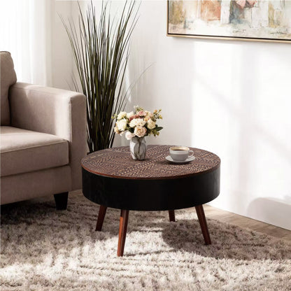 31.5" Round Carved Coffee Table with Storage Space, Mid-Century Modern Wooden Tea Table for Living Room, Apartment, Office,Brown+ Black. image 4