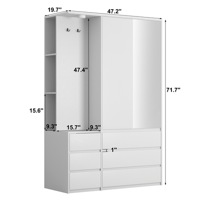 Wardrobe Closet 71.7" H, Bedroom Wooden Wardrobe with 2 Doors 6 Drawers, Modern Clothing Storage Cabinet Combination with Storage Shelves and Hanging Rail, White image 3
