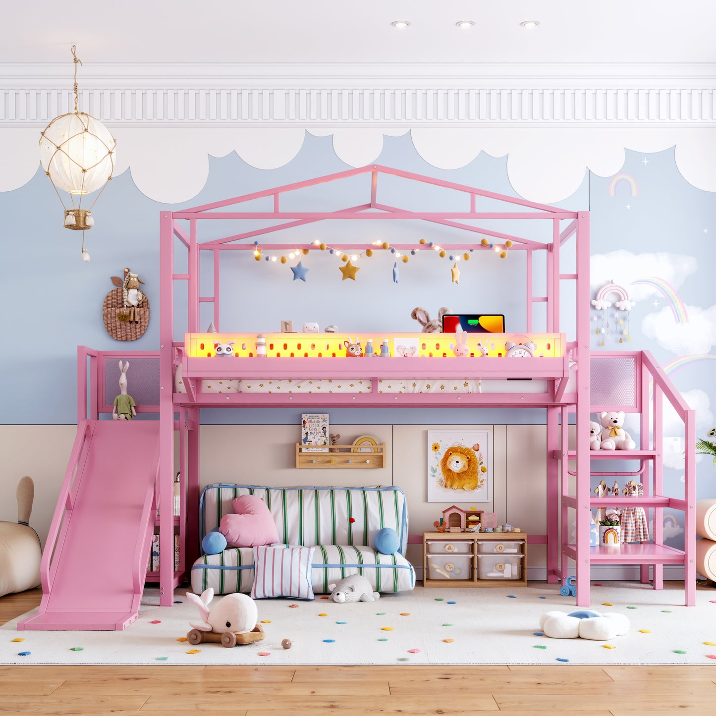 Twin Size Loft Bed with Storage Stairs, Shelves and Built-in Wardrobe, Metal Loft Bed Frame with USB Ports and LED Lights, Noise-reduced Design, Pink image 4