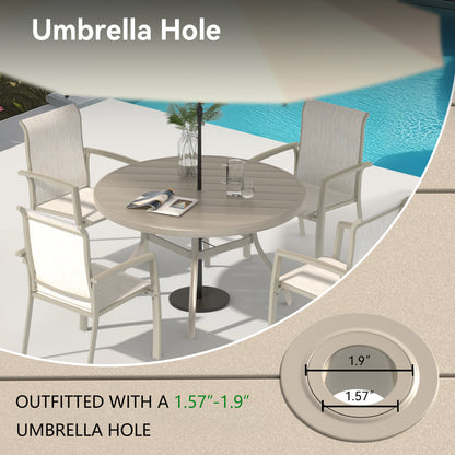 Outdoor Round Patio Dining Table for 6-7, All Weather Metal Dining Table with Umbrella Hole for Deck Lawn Garden Backyard, Sandstone Color image 4