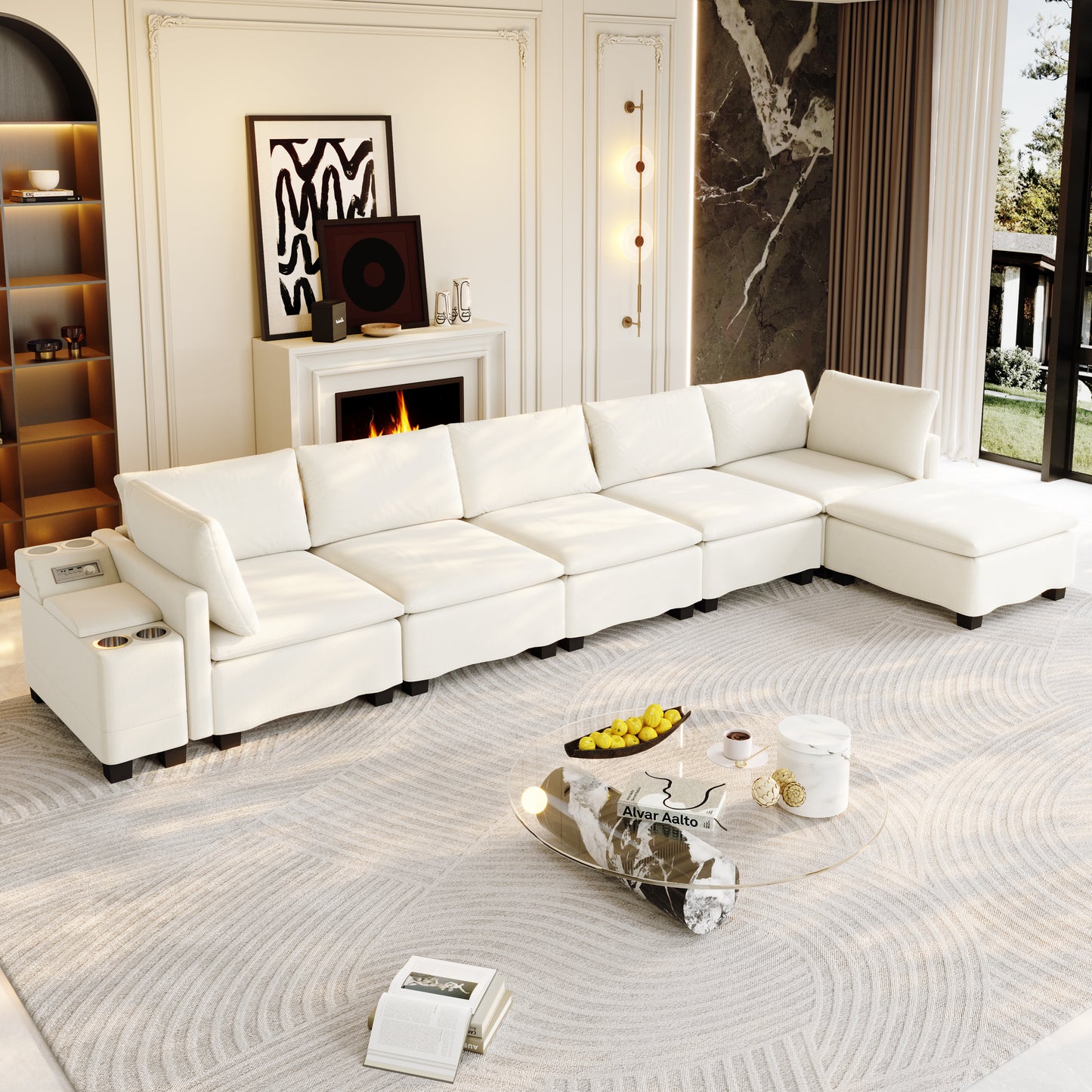 121.2" Modular U-Shaped Cloud Sectional Sofa with Movable Ottoman, Chenille Convertible Sofa Bed with Hidden Storage&USB Ports&Cup Holders&Bluetooth Speaker for Living Room, Apartments, Beige/White image 6