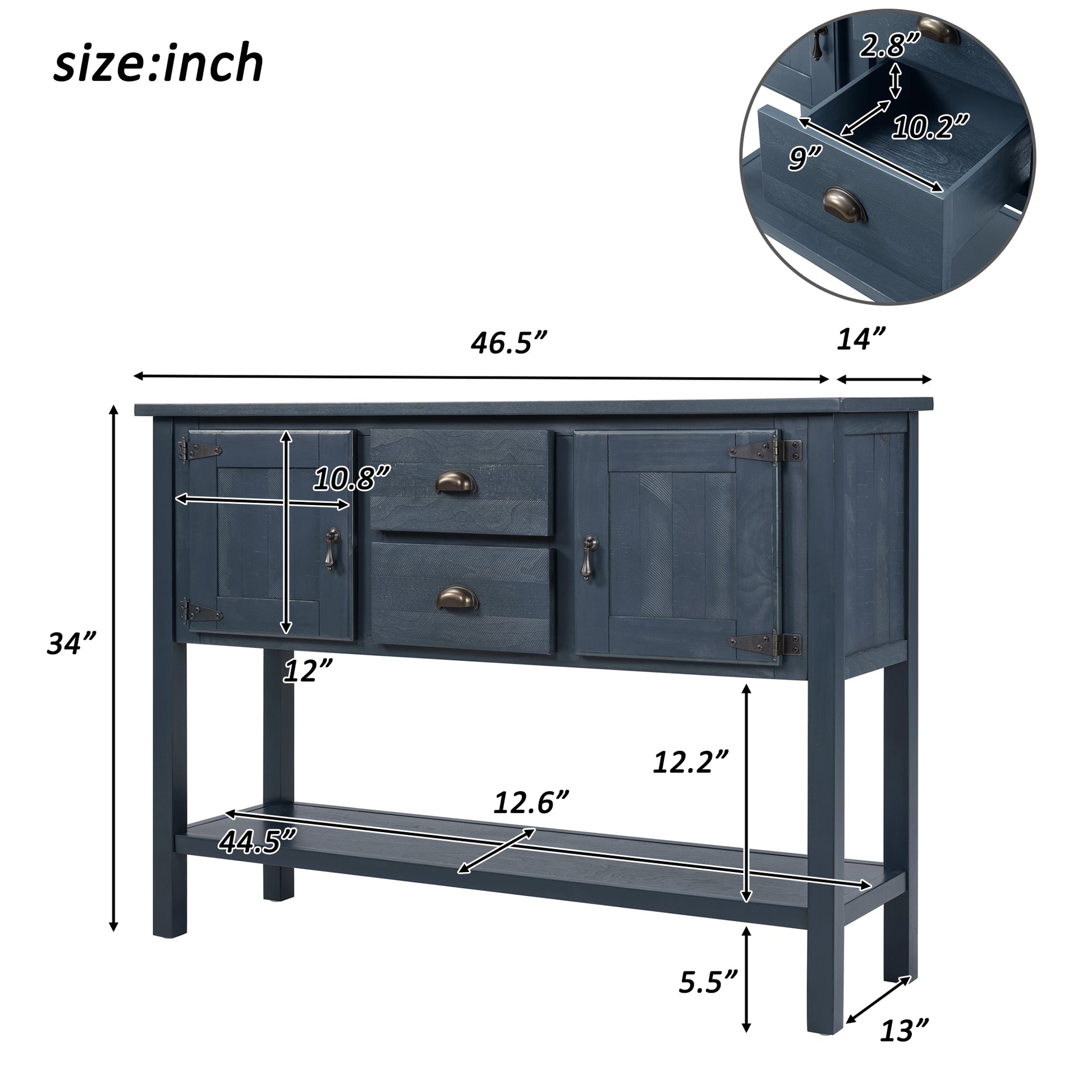 46'' Solid Wood Sideboard Console Table with 2 Drawers and Cabinets and Bottom Shelf, Retro Style Storage Dining Buffet Server Cabinet for Living Room Kitchen Dining Room(Navy Blue) image 4
