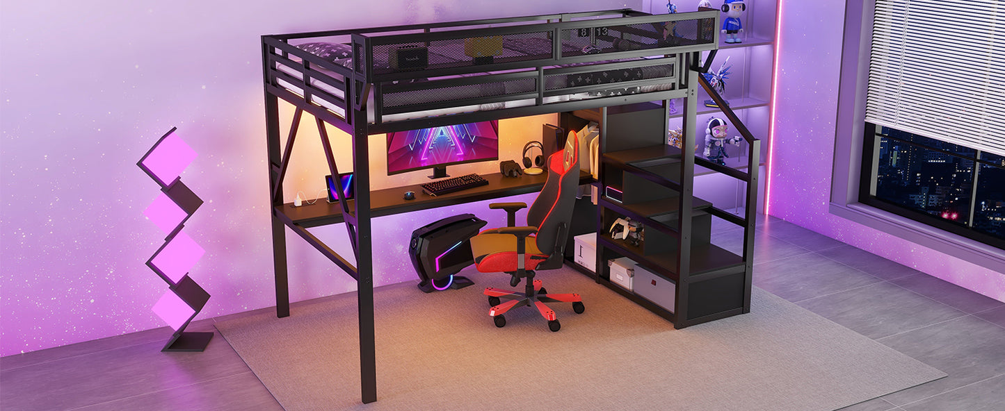 Full Loft Bed with Desk and Charging Station, Full Size Metal Loft Bed with Stairs and Light for Kids Teens, Black(Old SKU W2580S00077) image 6