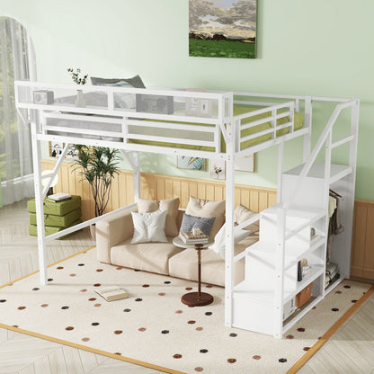 Queen Size Loft Bed with Stairs, Metal Queen Loft Bed with Storage Shelves, High Loft Bed with Wardrobe for Kids Teens, White, Patent Products image 4