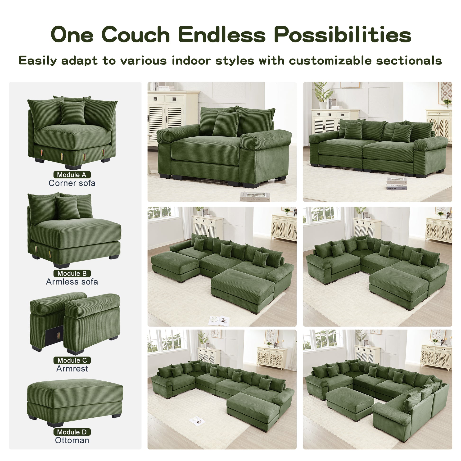 130" Oversized Cloud Modular L-Shape Sectional Couch,Soft Corduroy Fabric,With An Ottoman,Deep Seat Wide Armrest Ergonomic Design 9 Pillows Easy Assembly,For Living Rooms bedroom,Green image 12