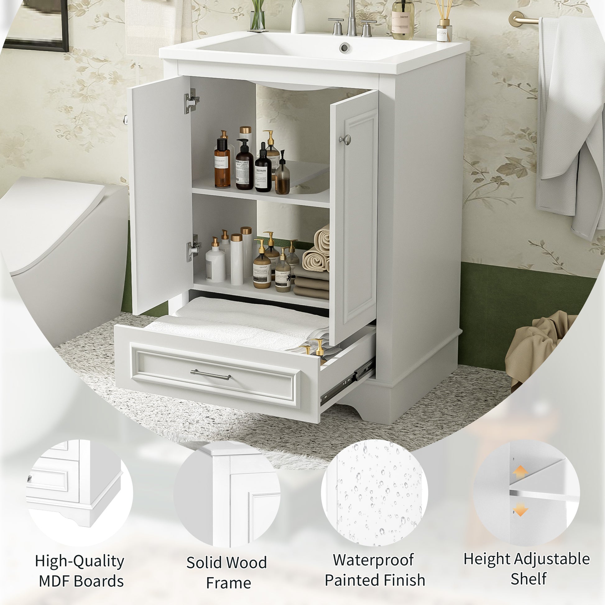24'' Bathroom Vanity with Ceramic Sink Combo, Modern Freestanding Storage Cabinet with Silver Handles, Soft Closing Doors image 6