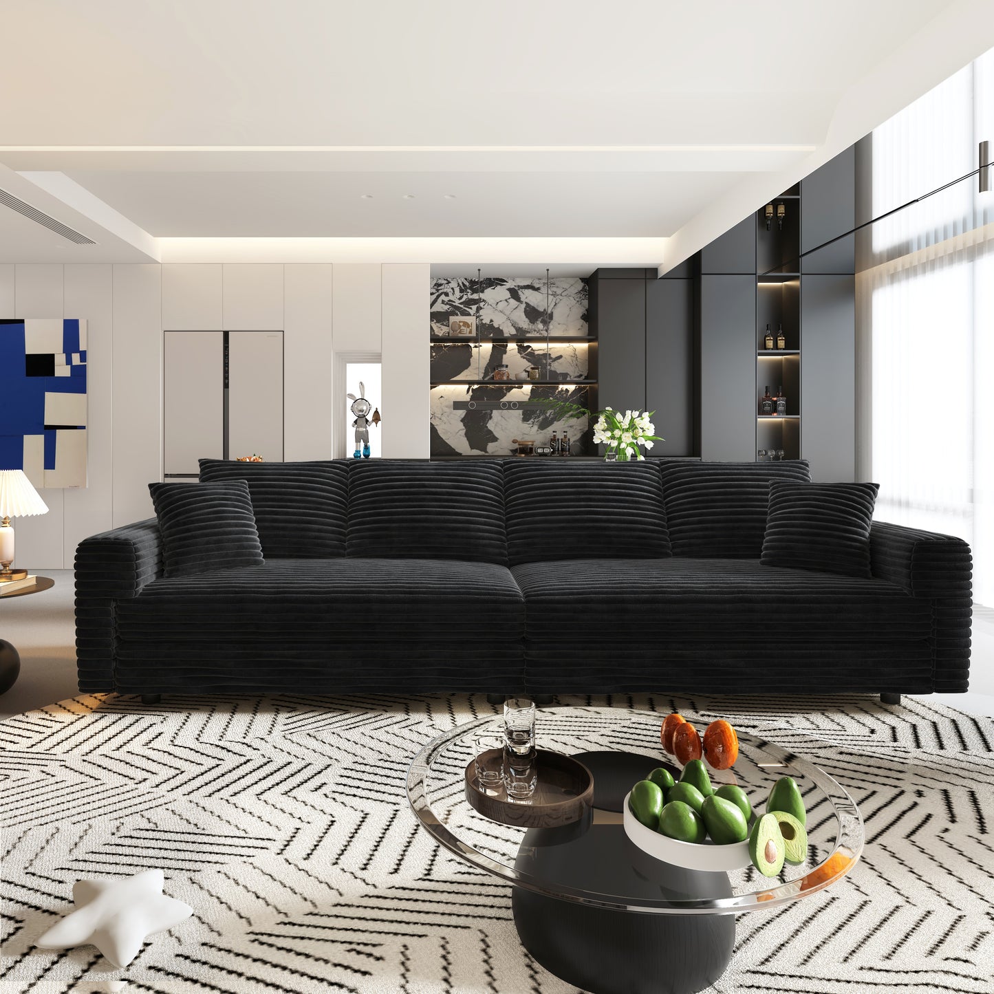 102.4 "Plush Corduroy 4-Seat Sofa,Modern Comfy Upholstered Sofa Cloud Couch,Deep Seat Couches with Soft Pillows and 3 Ottomans,Convertible Sofa Lounge Chair,Black(Old SKU:W1885S00287) image 4