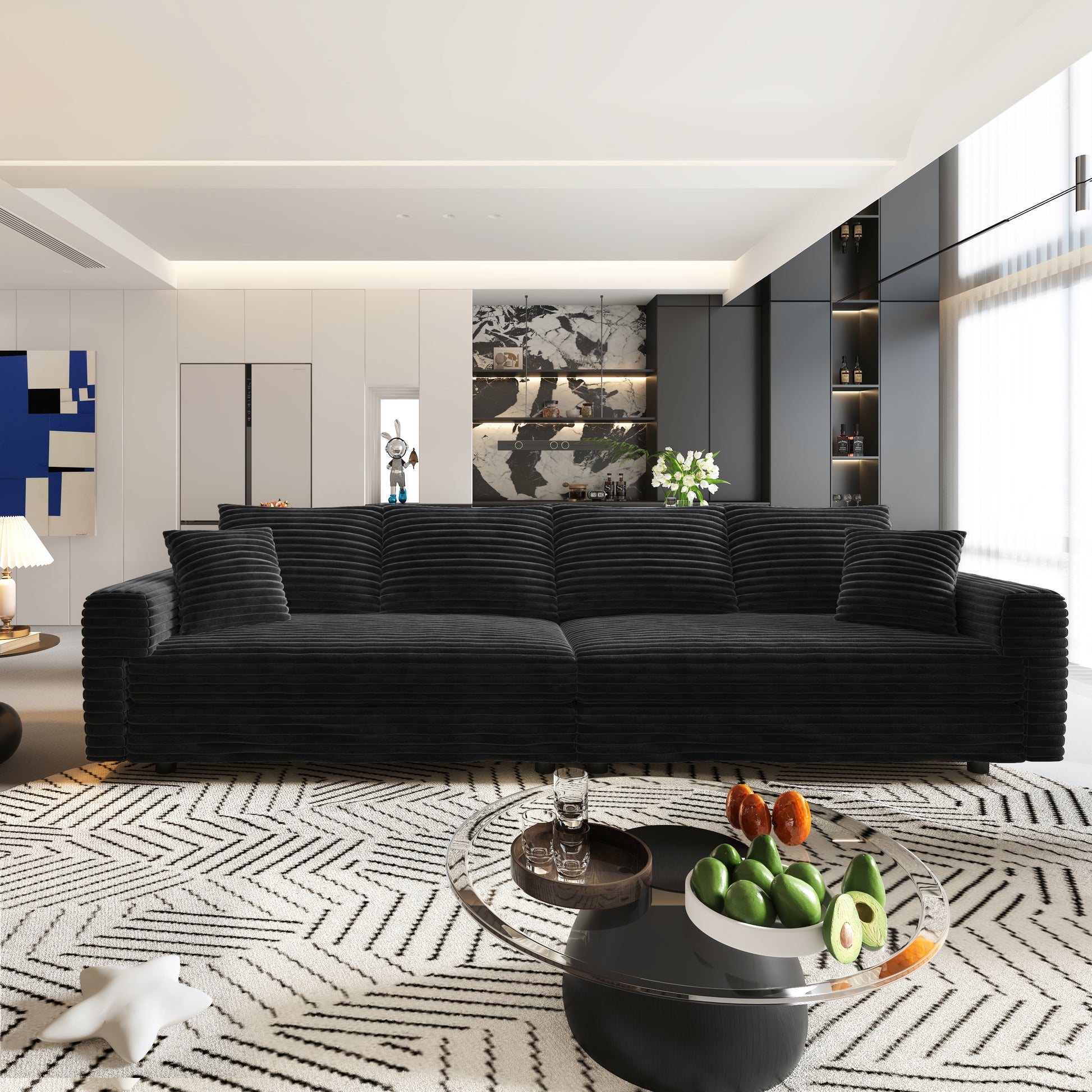 102.4 "Plush Corduroy 4-Seat Sofa,Modern Comfy Upholstered Sofa Cloud Couch,Deep Seat Couches with Soft Pillows and 3 Ottomans,Convertible Sofa Lounge Chair,Black(Old SKU:W1885S00287) image 4