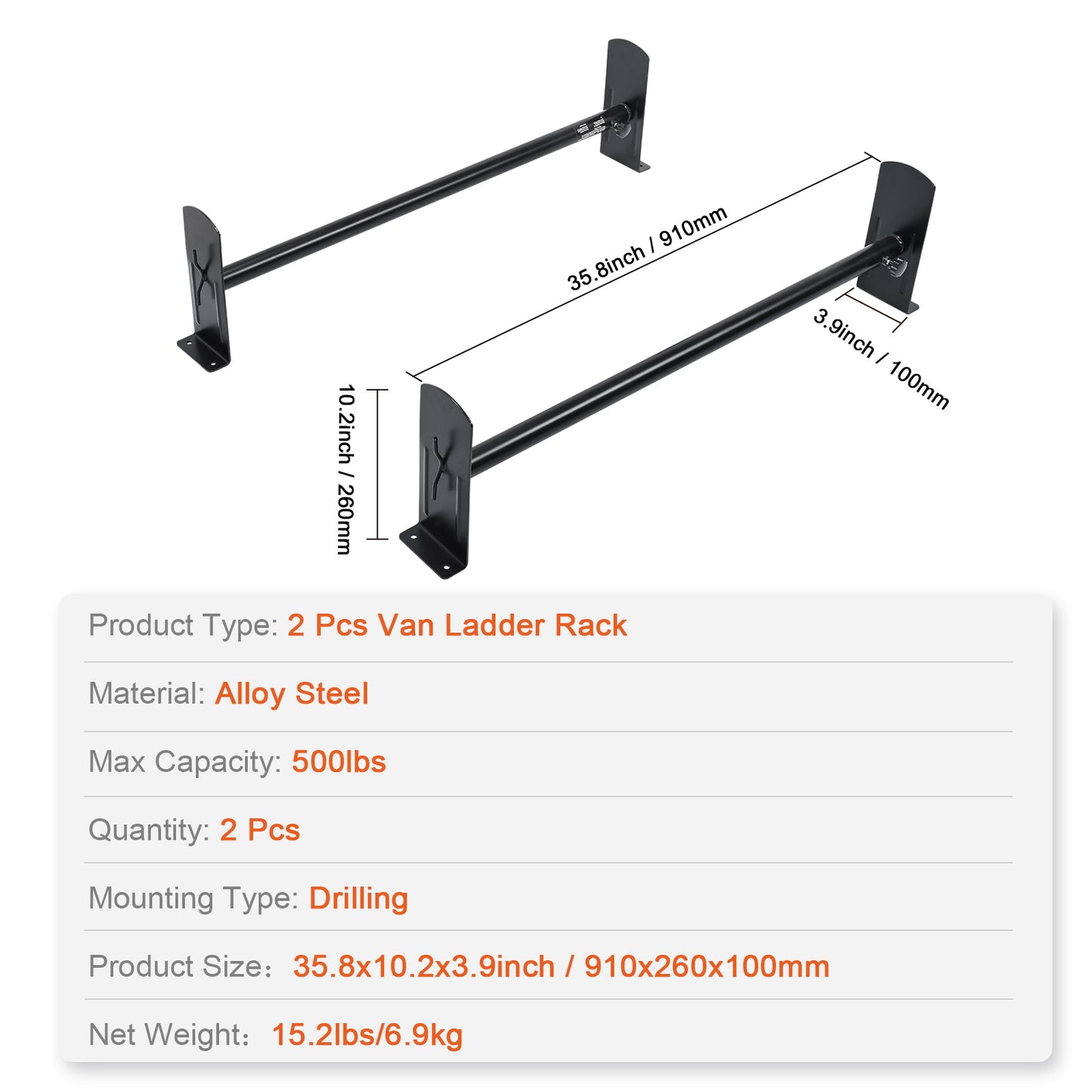 Van Roof Ladder Rack, 2 Bars Alloy Steel Roof Racks, 500 LBS Capacity Rain-Gutter Roof Rack, Adjustable Length 35.8"-57.5", Van Ladder Rack Compatible with Chevrolet Express, GMC Savana, etc image 7