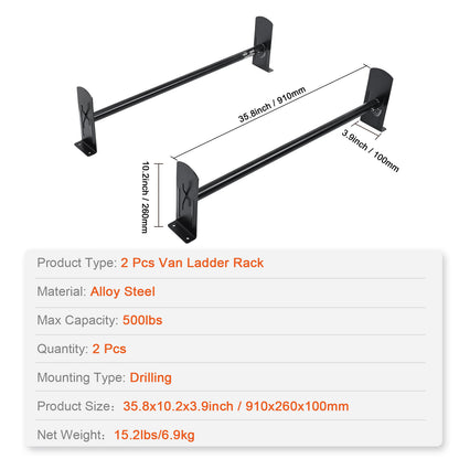 Van Roof Ladder Rack, 2 Bars Alloy Steel Roof Racks, 500 LBS Capacity Rain-Gutter Roof Rack, Adjustable Length 35.8"-57.5", Van Ladder Rack Compatible with Chevrolet Express, GMC Savana, etc image 7
