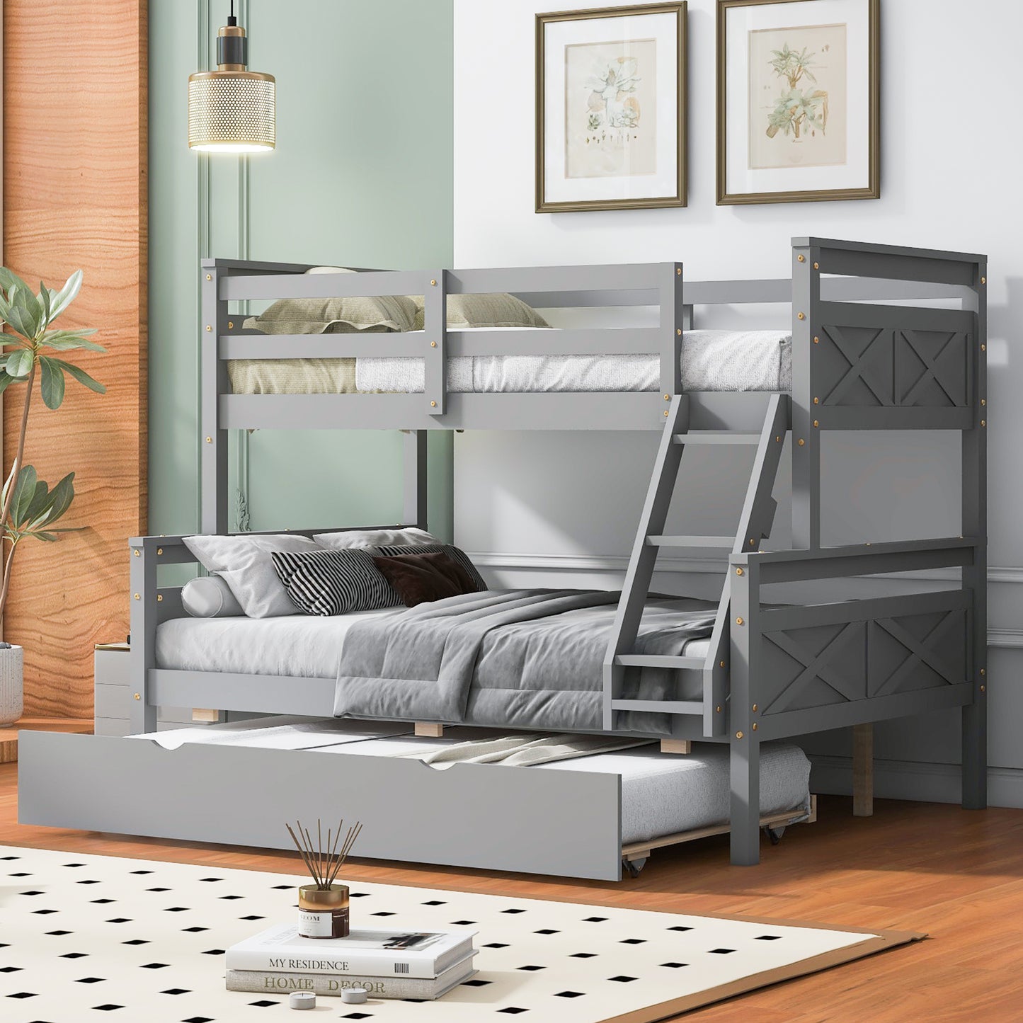 Twin over Full Bunk Bed with Ladder, Twin Size Trundle, Safety Guardrail, Gray image 1