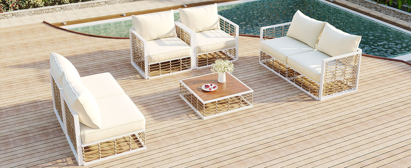 TOPMAX Modern Minimalist 7-Piece Metal Patio Sectional Sofa Set, All-Weather Garden Conversational Furniture Set with Thick Cushions and Coffee Table for Indoor Outdoor, White image 5