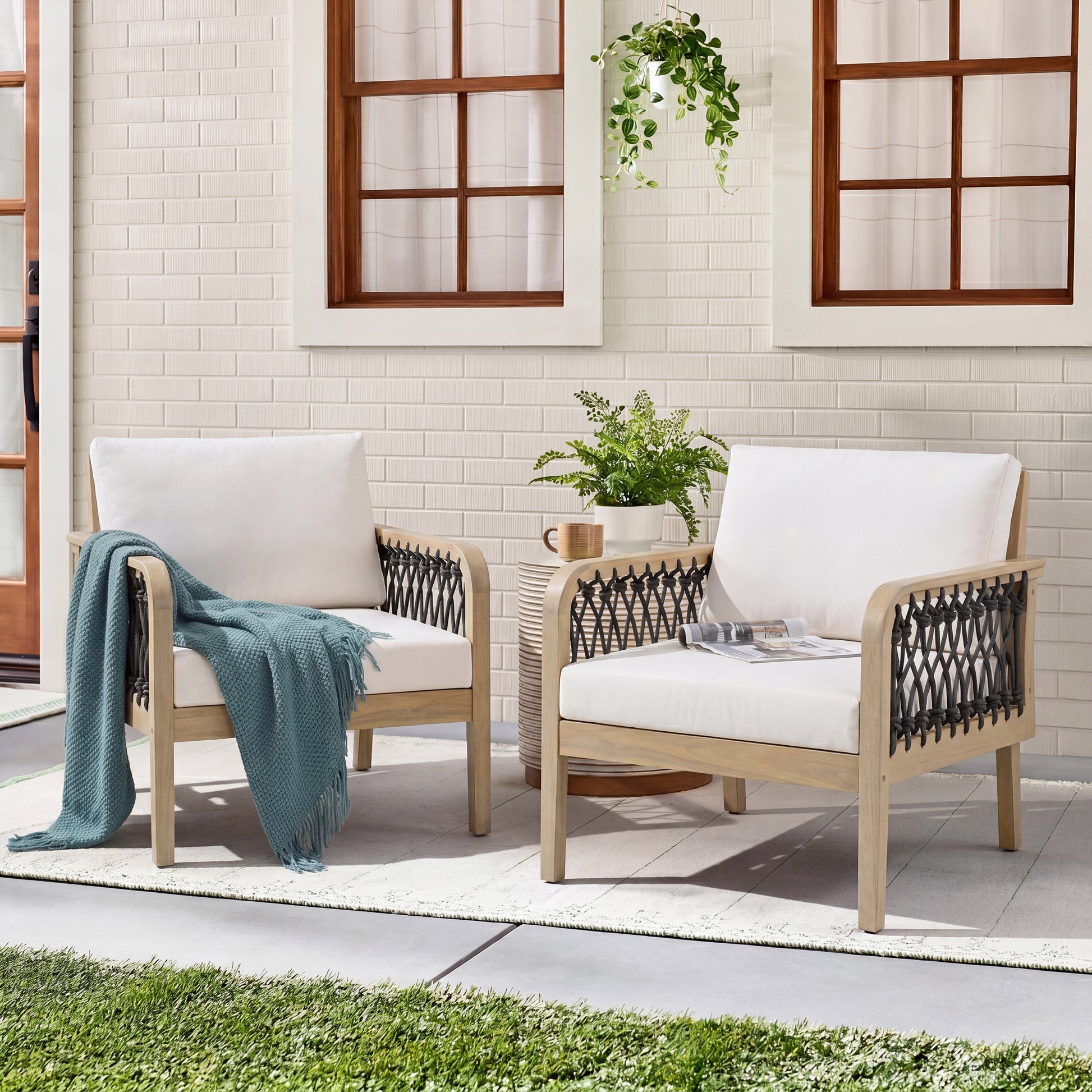 Outdoor Acacia Wood Club Chair with Handwoven Rope(Set of 2), Light Teak Finish image 1