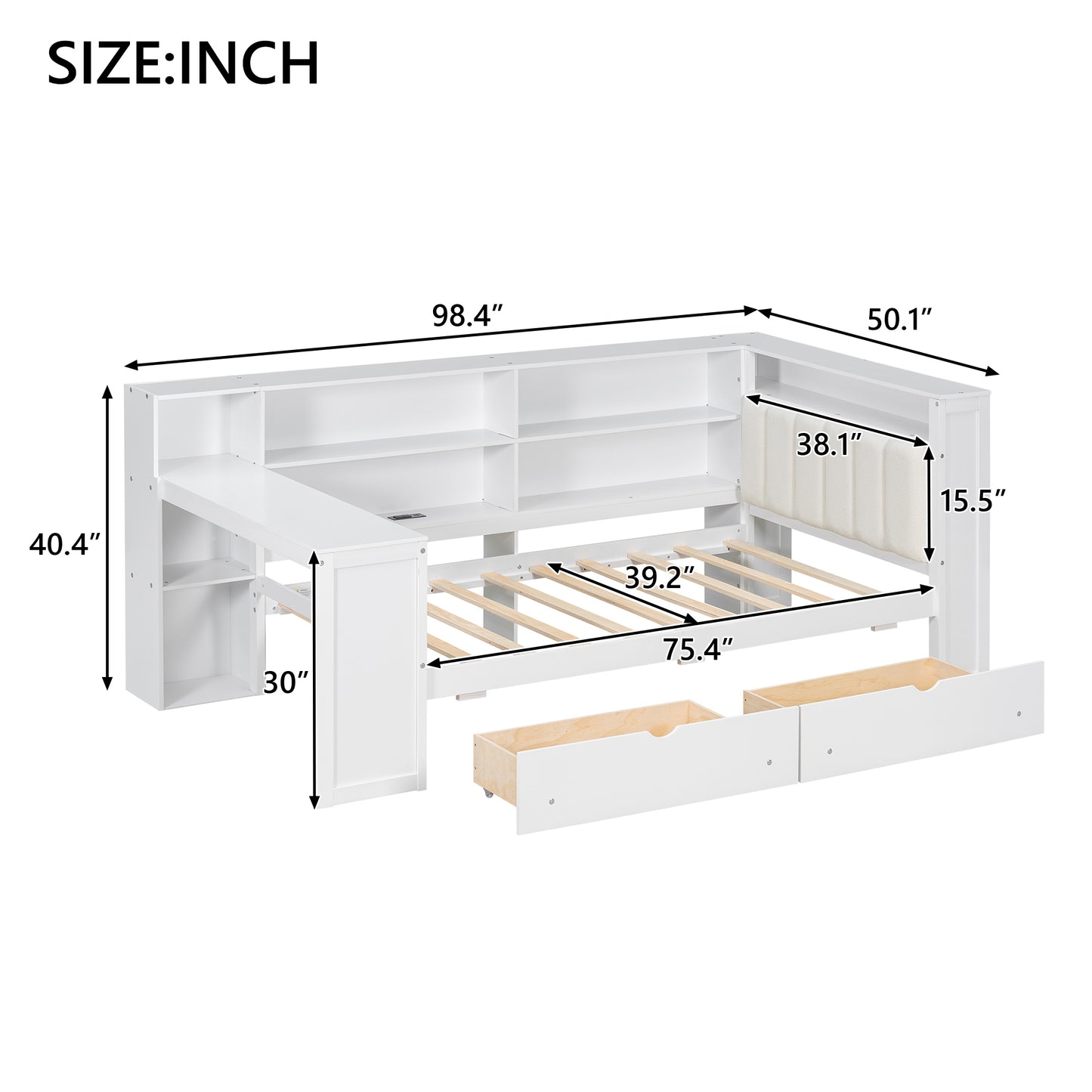 Wood Twin Size Platform Bed with Storage Shelves, Drawers, Charging Station, LED, Desk and Upholstered Headboard, White+Beige Cushion image 10