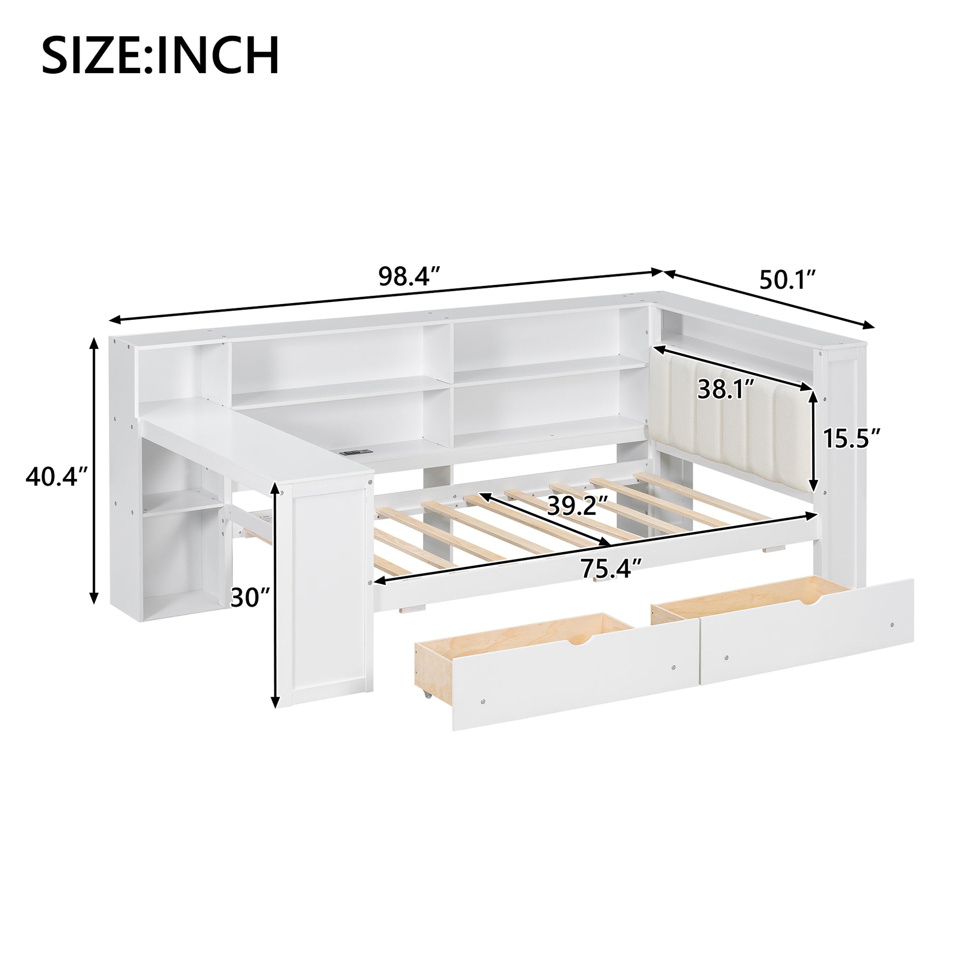 Wood Twin Size Platform Bed with Storage Shelves, Drawers, Charging Station, LED, Desk and Upholstered Headboard, White+Beige Cushion image 10