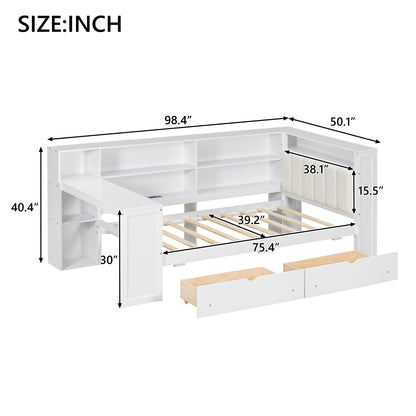 Wood Twin Size Platform Bed with Storage Shelves, Drawers, Charging Station, LED, Desk and Upholstered Headboard, White+Beige Cushion image 10