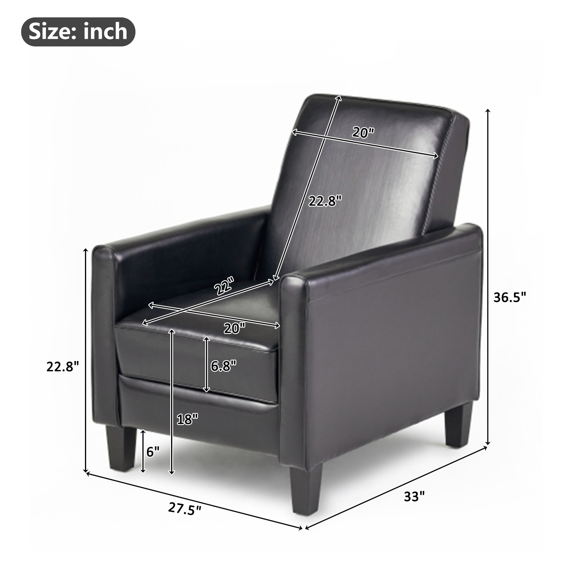 27.5" Push Back Recliner Chair Upholstered Recliner Armchair with Solid Beech Wood Legs for Living Room and Bedroom(Old SKU:52422.00PUBLK), Black image 2