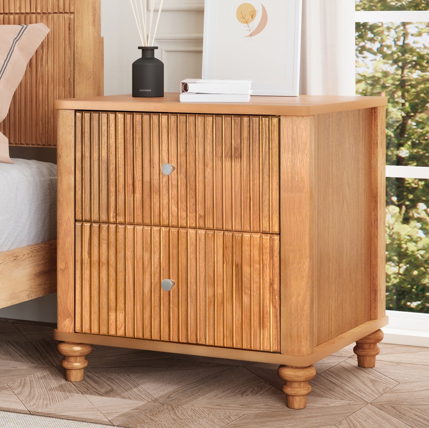 Fluted Nightstand, 21.65" Wide Side Table with 3 Drawers, Mid Century Modern Wood NightStand with Metal Handle, Wooden Bedside End Table for Bedroom, Living Room, Closet, Natural image 2