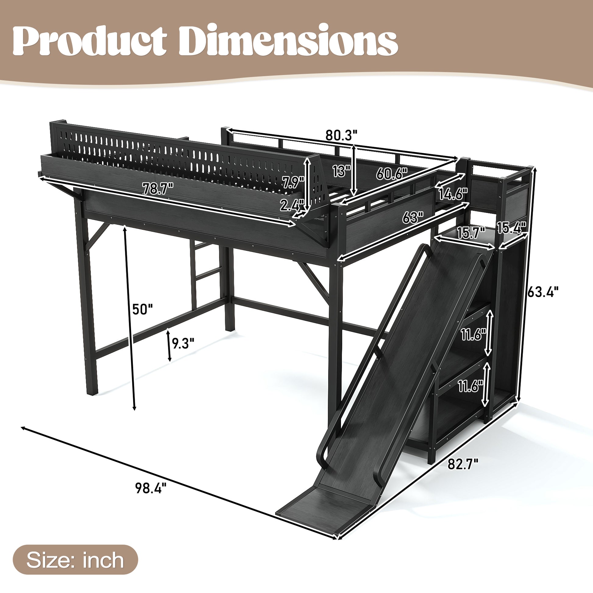 Queen Size Loft Bed with Slide, Storage Shelves and Built-in Wardrobe, Metal Loft Bed Frame with USB Ports and LED Lights, with Pegboard, Safety and Solid, Black image 9