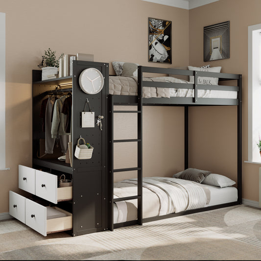 Twin Size Bunk Bed with 4 Storage Drawers, Hanging Rail, Light Strip and Built-in Shelves & Dual Pegboards, 3 Colors Available,Black image 1