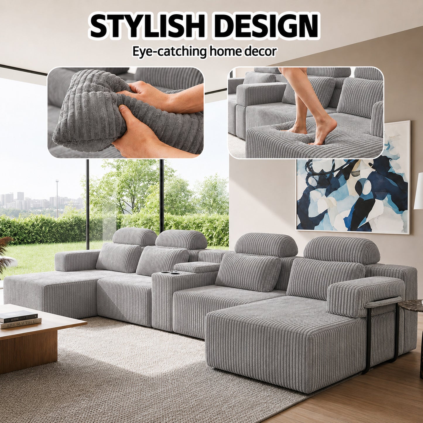 Modern Gray Velvet U-Shaped Velvet Sectional Sofa - 3-Piece Living Room Set with Chaise Lounge & Cup Holders - 145.7"/370cm Extra Large Modular Sofa for Home Theater, Family Room, Luxury Living Space image 5