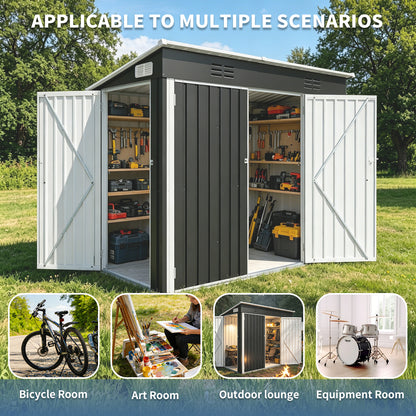 4 x 8 FT Galvanized Steel Outdoor Storage Shed with 3 Access Doors, Ventilated Weatherproof Metal Utility Shed for Garden Tools, Bikes & Patio Equipment,Black(3.58*7.41 ft) image 8
